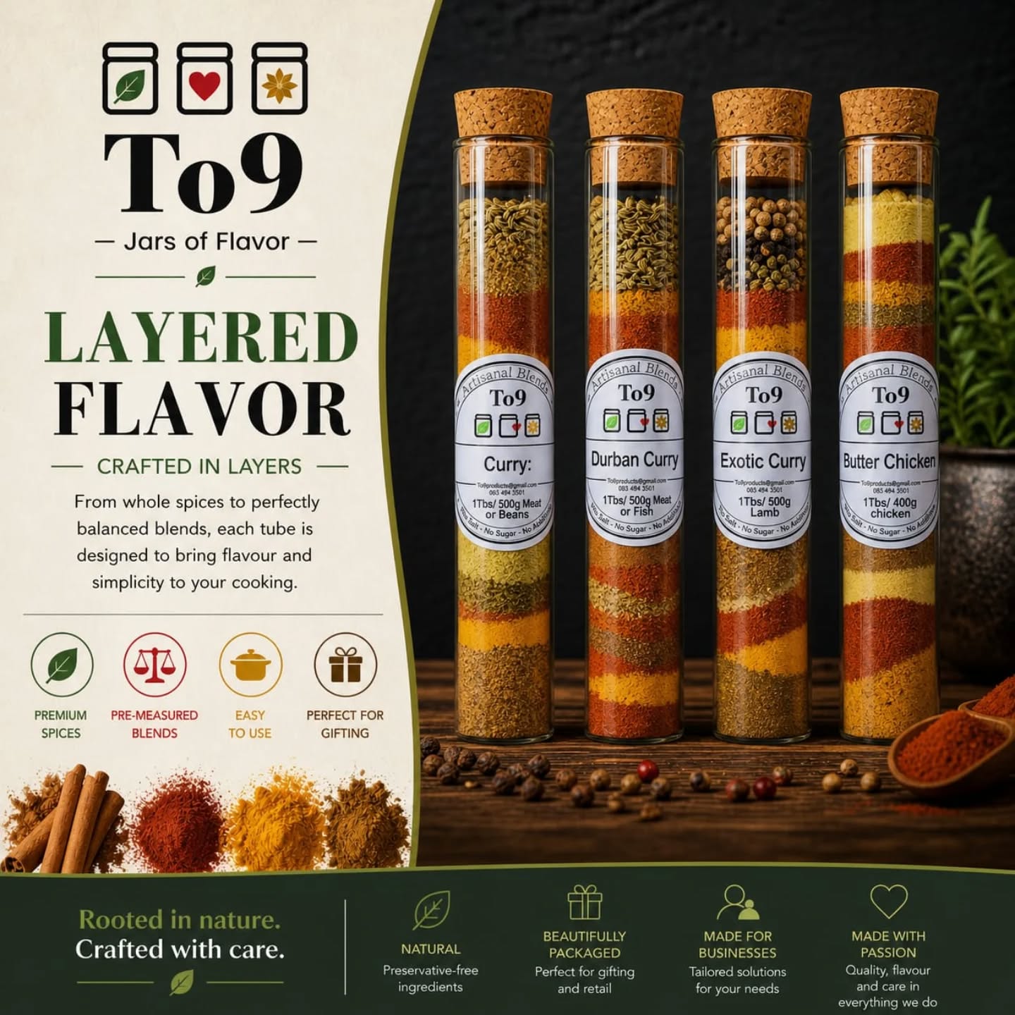 🌸 Mother’s Day is around the corner… 🌸
Looking for something unique,
beautiful & full of flavour? ✨
Our famous Layered Curry Tubes and handcrafted Gift Sets are the perfect spoil—
practical,
premium,
and unforgettable. 🎁
📍 Visit us at To9 Herb & Spice
De Handelspost Centre, Harties
☕ Come enjoy a spiced coffee and find the perfect gift.
#MothersDayGifts
#SouthAfricanSmallBusiness
#giftideassa
#SpiceLovers
#supportlocalsa