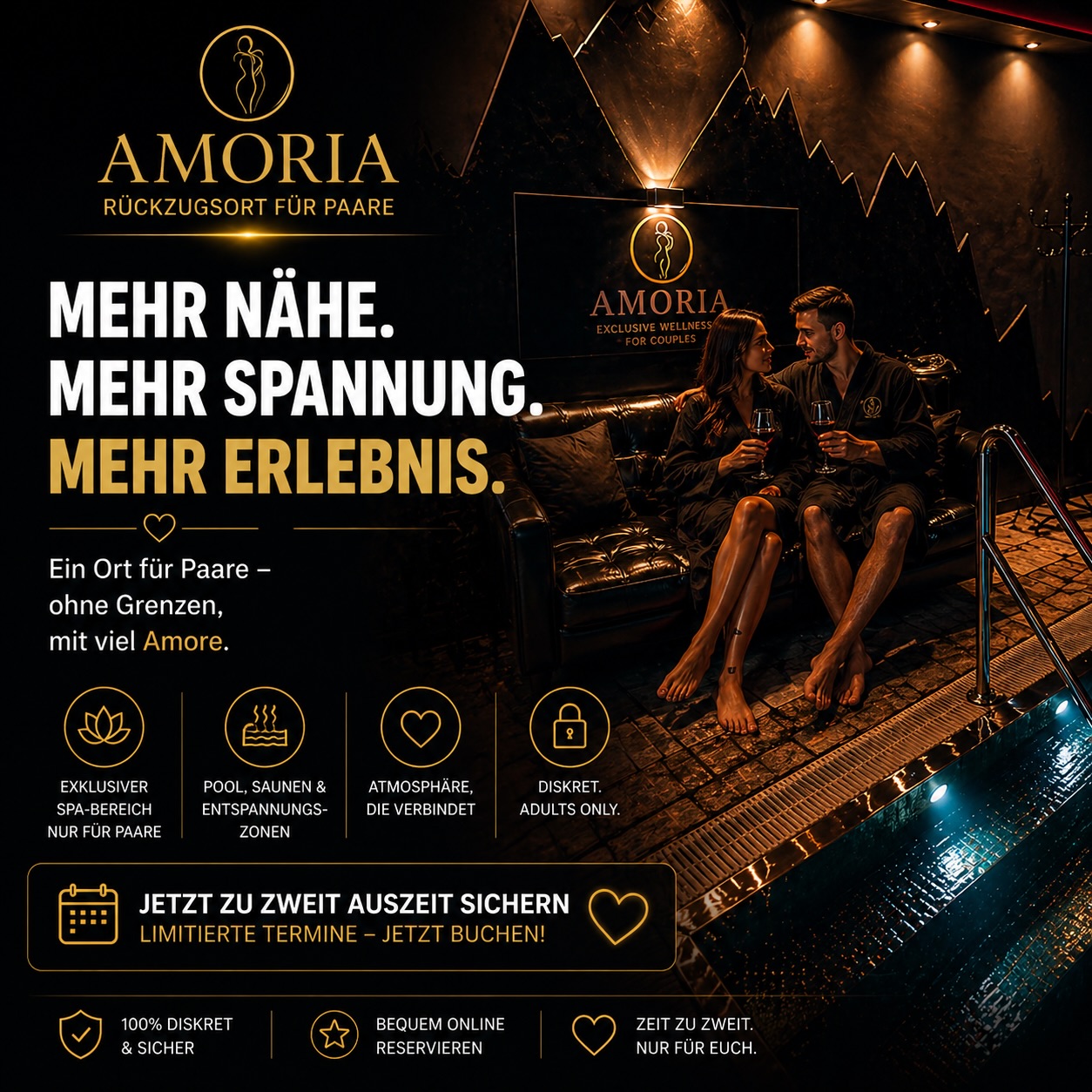 Mehr Nähe. Mehr Spannung. Mehr Erlebnis.
Ein Ort für Paare – ohne Grenzen, mit viel Amore 💝
Willkommen im Amoria. Erlebe, was euch verbindet.