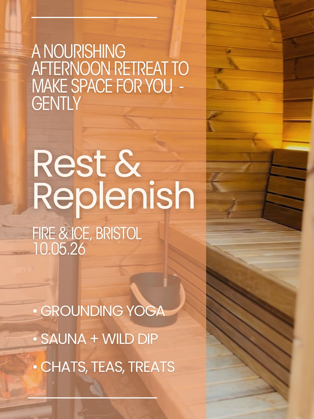 Need a Sunday afternoon ‘off’?
No tech, roles, routines.
Join me this Sunday 10th May for Space for you to gradually slow down your tired-wired self, with movement, sauna, and restorative rest - in ways that feel right for you. Tea and treats included, to nourish every part.
✨ REST & REPLENISH ✨
✨ May 10th 2.30-6.30 ✨
📍 @fireicewellnessbristol / @westburywildlifeparkfoundation
My monthly(ish) afternoon retreats at Fire and Ice continue this Sunday
Some women take focussed ‘me-time’ and love joining us solo. Or they come with a mate for some quality time together.
Only 3 spaces left.
The peace of Westbury Wildlife Park and the Fire and Ice garden with their saunas, wild pool and ice baths is such a hidden gem in the city too. I’ve been saunaing here regularly since they opened March 2025, and I can’t wait to share the peace and friendly vibes with you.
Booking 🔗 in bio
#rest #yogabristol #saunabristol #retreat #restorativeyoga