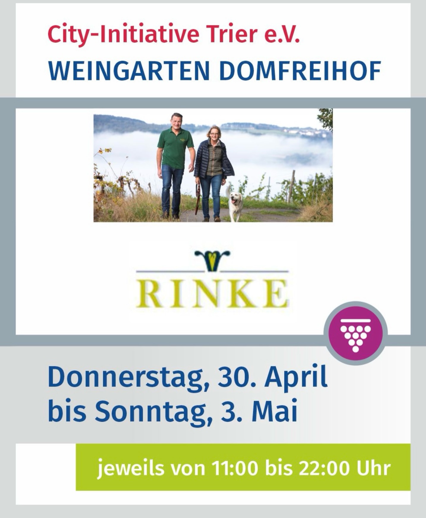 Besucht uns bei Wine in the City auf dem Domfreihof und probiert unsere Bioland-zertifizierten Weine. Wir freuen uns auf Euch!
@city_initiative_trier
#wineinthecity #domfreihoftrier #rinkeweine #weingutrinke #muschelkalktrifftschiefer