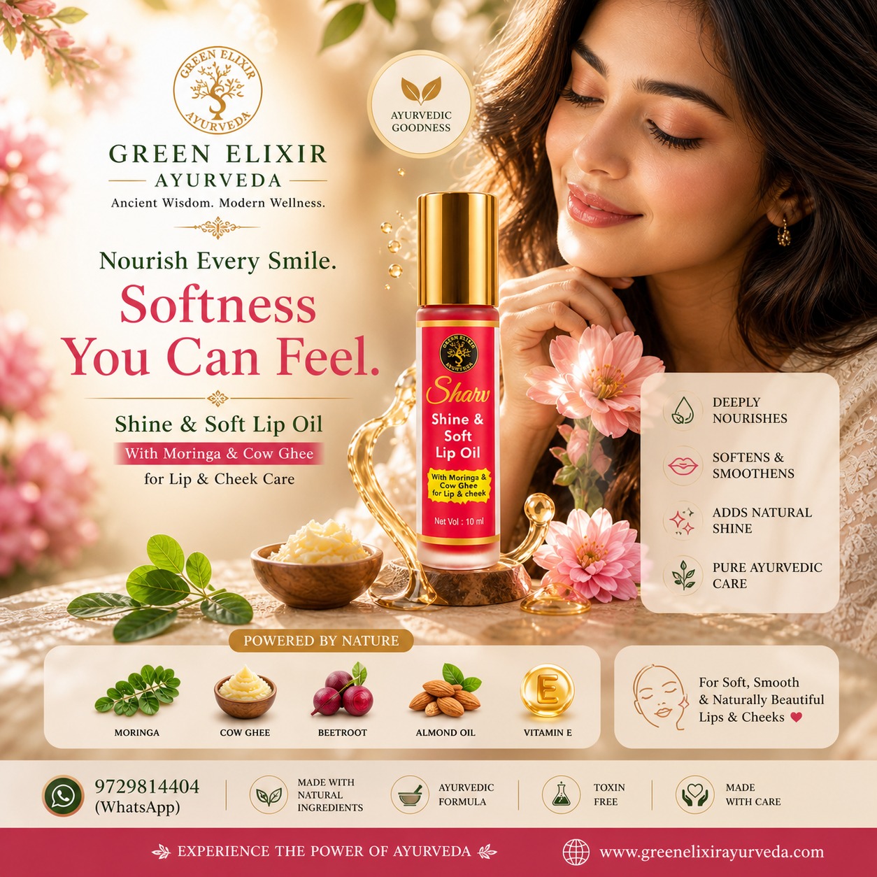 Softness isn’t applied… it’s felt. ✨
Indulge your lips in the richness of Ayurveda with our Shine & Soft Lip Oil 🌿
Crafted with the nourishing power of Moringa & Cow Ghee, this luxurious elixir deeply hydrates, softens, and enhances your natural glow 💛
Because your smile deserves more than just care… it deserves a ritual.
💫 Green Elixir Ayurveda – Ancient Wisdom. Modern Glow.
👉 DM us to order | Limited stock available
💬 Tell us below: Lip balm or Lip oil?
#ayurvedicskincare #lipcare #organicskincareindia #glowingskin #naturalbeauty
#luxuryskincare #skincareindia #ayurvedalife #greenbeauty #holisticskincare
#lipoil #beautyritual #selfcareroutine #indianskincare #skincareroutine
#cleanbeautyindia #herbalskincare #glowlips #softlips #beautybrandindia
#explorepage #viralpost #instagrowth #trendingnow