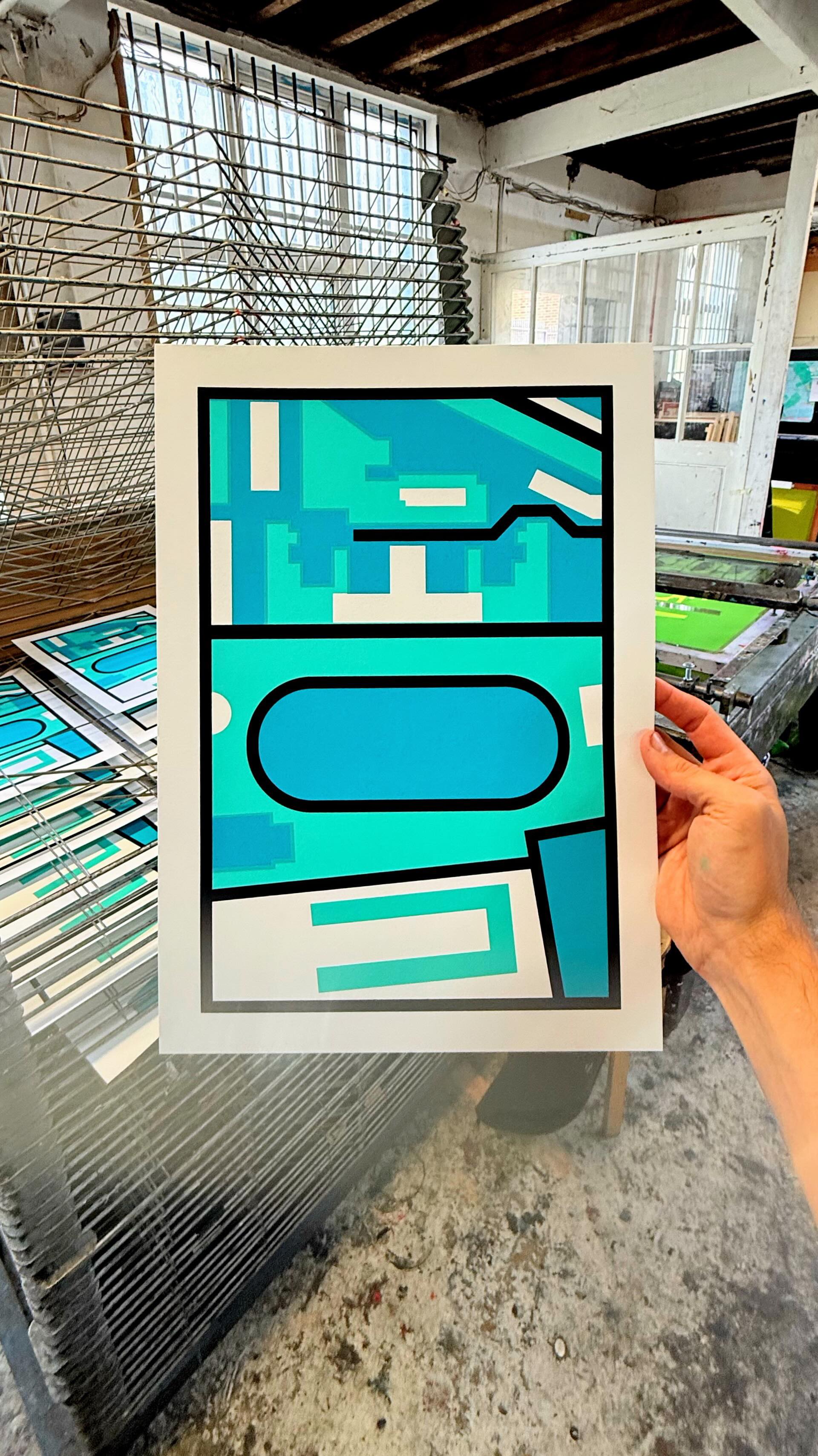 One layer to go on my latest London Map. Not gonna lie, the going was tough today. I wanted to head home, but stuck it out to do the third black layer and glad I did. Now time to collapse, stare intently at the print, and figure out what should be the last colour for the T shaped building that’s the focus of the piece 🤔 #LondonArt #MapArt #ContemporaryArt #Screenprint #ChelseaArt