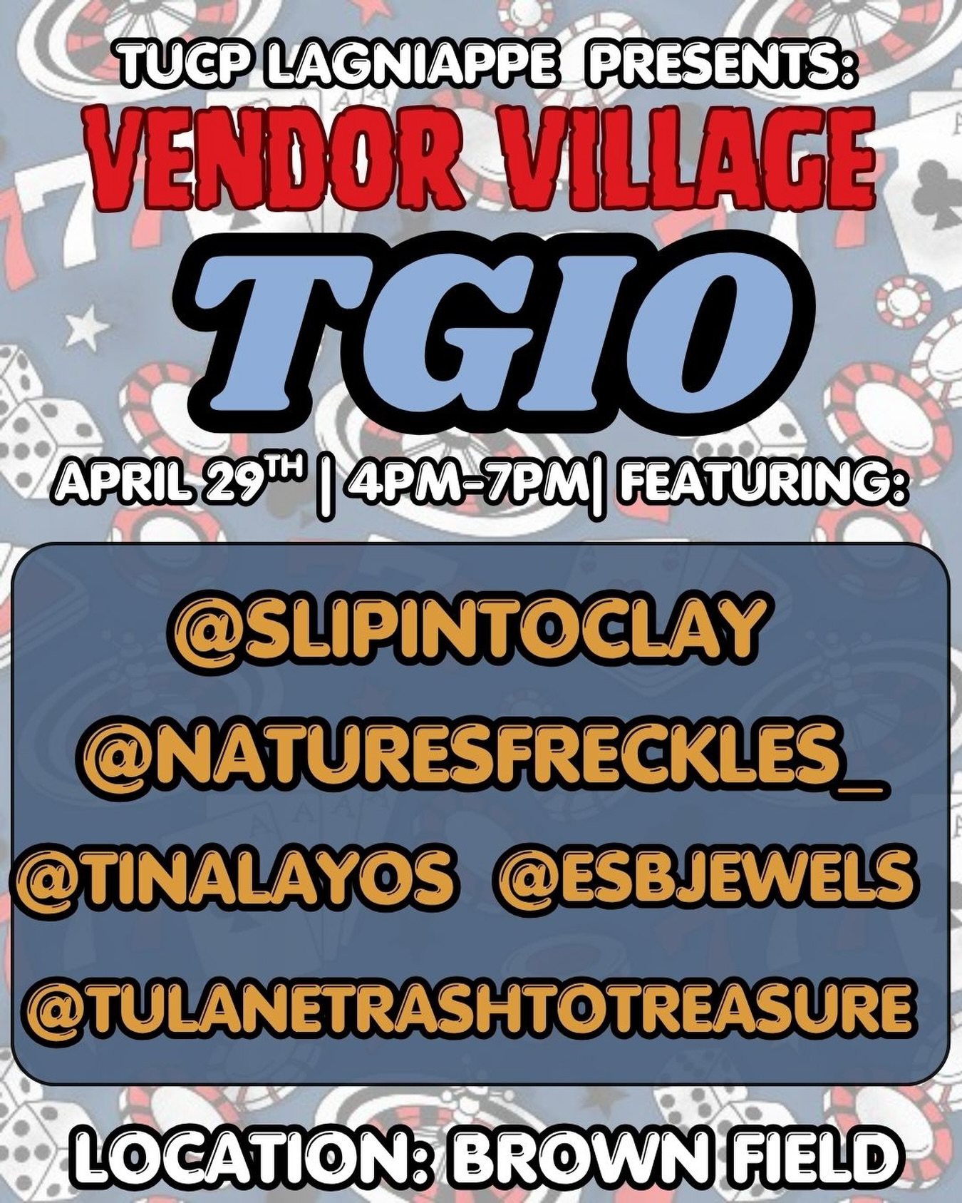 The end of classes is SO near🤗 In the meantime, take a look at our 5 wonderful vendors that will be stationed at our vendors village during TGIO‼️ They’ve got everything from jewelry💍 to pottery🏺, don’t miss out!
@slipintoclay @naturesfreckles_ @esbjewels @tulanetrashtotreasure