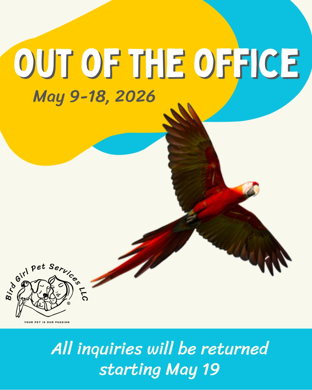 Heads up for the Bird Girl community.
I will be away from May 9 through May 18 for my annual vacation. During that time, I will not be taking new requests or returning emails, texts, or calls. All inquiries will be answered starting May 19.
Summer boarding dates are already filling up. If you are planning travel this season and want to lock in your pet's spot, please reach out before May 9.
Thank you!
#BirdGirlPetServices #ExoticPetCare #LongIslandPets #SummerBoarding #PetSitter