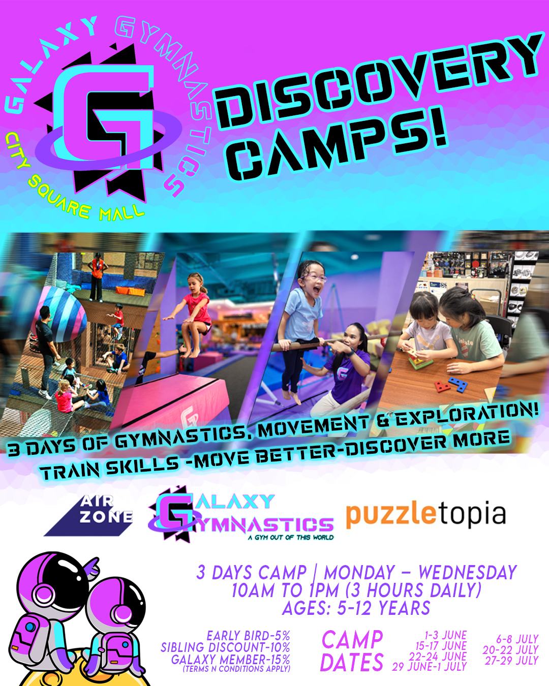 🚀 Keep your child active, engaged, and off screens this school holiday! Give them an experience that’s fun, purposeful, and builds real skills — all in one place.
At Galaxy Gymnastics Discovery Camps, your child won’t just be “kept busy" They’ll be moving, learning, exploring, and growing every camp session🌟
Over 3 days, they’ll be guided through a structured yet exciting programme that combines:
🤸♂️ Gymnastics training across multiple apparatus
💪 Strength, balance & coordination development
🌈 Movement-based games and challenges
🧠 Engaging partner activities beyond gymnastics
👫 Social interaction, confidence-building & independence
This is not just another camp — it’s a space where children build confidence, develop physical literacy, and enjoy the process of learning through movement.
👦👧 For children aged 5–12 years
📅 3 Days Camp (Monday–Wednesday)
⏰ 10AM – 1PM (3 hours daily)
🎁 Available perks:
• Early Bird: 5% OFF
• Sibling Discount: 10% OFF
• Galaxy Members: 15% OFF
✨ No prior experience needed
Spaces are kept limited to ensure quality coaching, attention, and a safe learning environment.
If you’re looking for something meaningful this holiday — this is it 💫
📩 Visit our website to explore full camp details, or WhatsApp us for any questions!
#GalaxyGymnastics
#galaxygymnasticssg
#GymnasticsForAll #AGymOutOfThisWorld
#farrerpark
#citysquaremall
