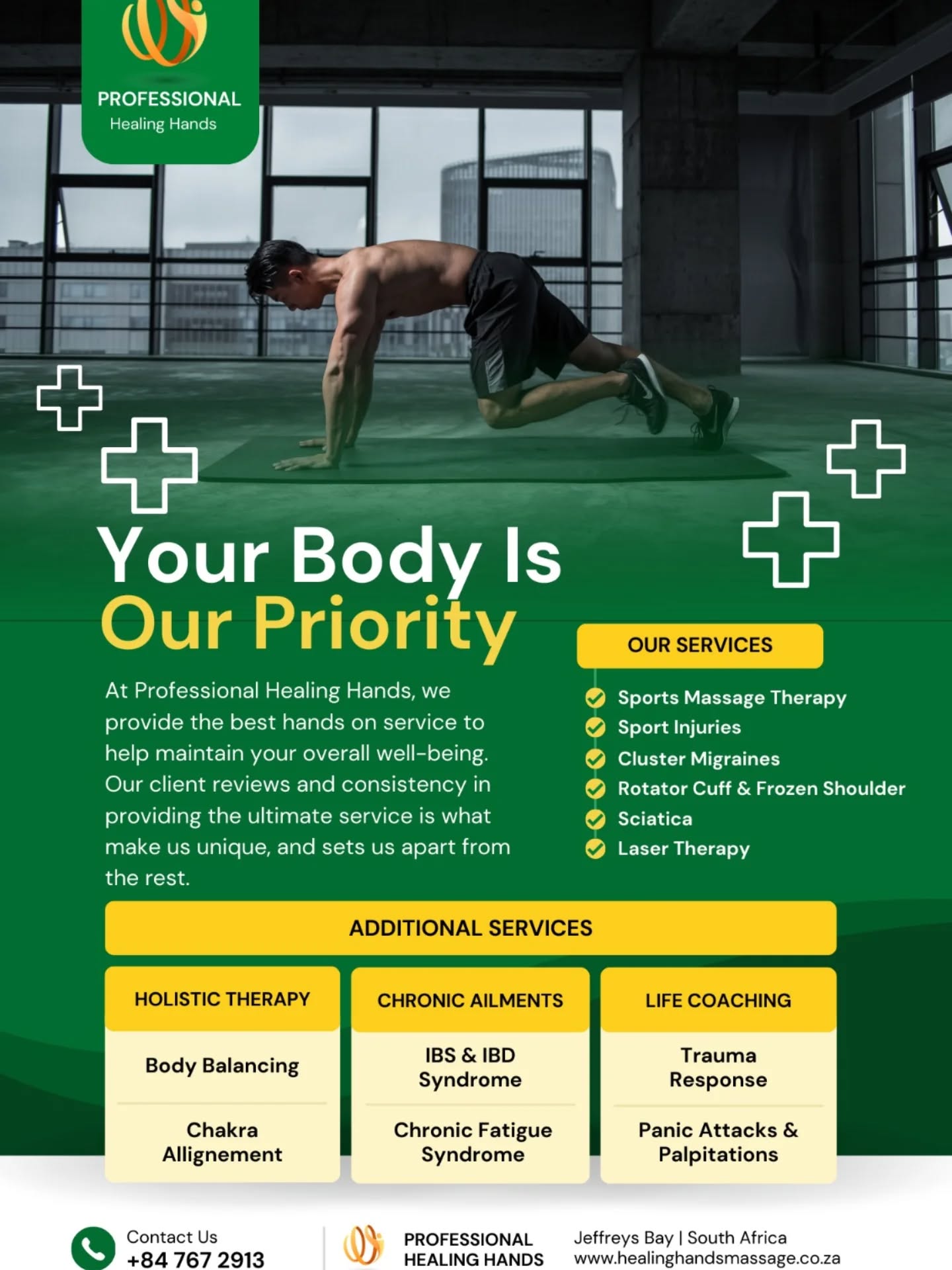 *Prioritize Your Mobility and Wellness*
Your Warm, Holistic Wellness Sanctuary
At our practice, we believe your body’s ability to move, recover, and thrive is the cornerstone of vibrant health—whether you’re an athlete pushing performance, a gym fanatic committed to strength, or enjoying retirement with the freedom of movement. Every body deserves attentive care, and monthly maintenance is key to preserving mobility, preventing injuries, and ensuring optimal function throughout life’s stages.
This winter, step into our warm, cozy environment designed for relaxation and professional care. Our holistic approach supports not just pain relief, but the enhancement and upkeep of your body’s natural abilities.
Our services include but are not limited to:
• Cupping therapy to promote flexibility, circulation, and detoxification.
• Sport injury treatments for effective recovery and restoration of movement.
• Chronic headache and migraine relief addressing the root causes for lasting comfort.
• Pain management focused on restoring and maintaining functional mobility.
• Sciatic Nerve
• Rotator Cuff & Frozen Shoulder
• Routine check-ups and preventative screenings tailored to your activity level and lifestyle.
• Personalized wellness plans with expert advice on movement, nutrition, and holistic health
Understanding how your body functions—and keeping it in peak form—empowers you to live fully every day. Let us guide you in maintaining mobility and wellbeing with monthly care. Book your appointment and invest in your body’s most valuable asset: movement.
Professionalism is key and so is the service we provide to young and old.
Please feel free to contact us for more information or download the Booksy app for 24/7 access to actual client reviews, rates and availability.
Chris Heunis
Clinical Therapist
CAMS Institute Accreditation
Tel No: 084 767 2913
Email: profhealing@gmail.com
Bookings: http://prohealing.booksy.net
Website: https://www.healinghandsmassage.co.za/