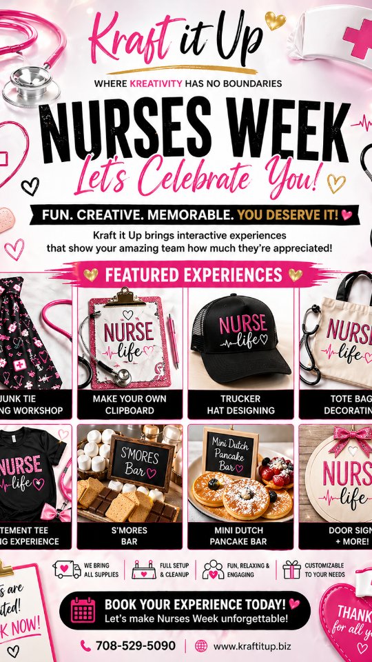 NURSES WEEK just got an upgrade 💕👩🏽⚕️
Celebrate your team with hands-on experiences they’ll actually enjoy:
✨ Statement Tee Making
✨ Tote Decorating
✨ S’mores Bar
✨ Mini Dutch Pancake Bar & more!
We bring everything. You just show up and celebrate your staff the right way.
📅 Spots are limited — book now!
📞 708-529-5090
🌐 www.kraftitup.biz
#NursesWeek #NurseLife #StaffAppreciation #HealthcareHeroes #ChicagoEvents