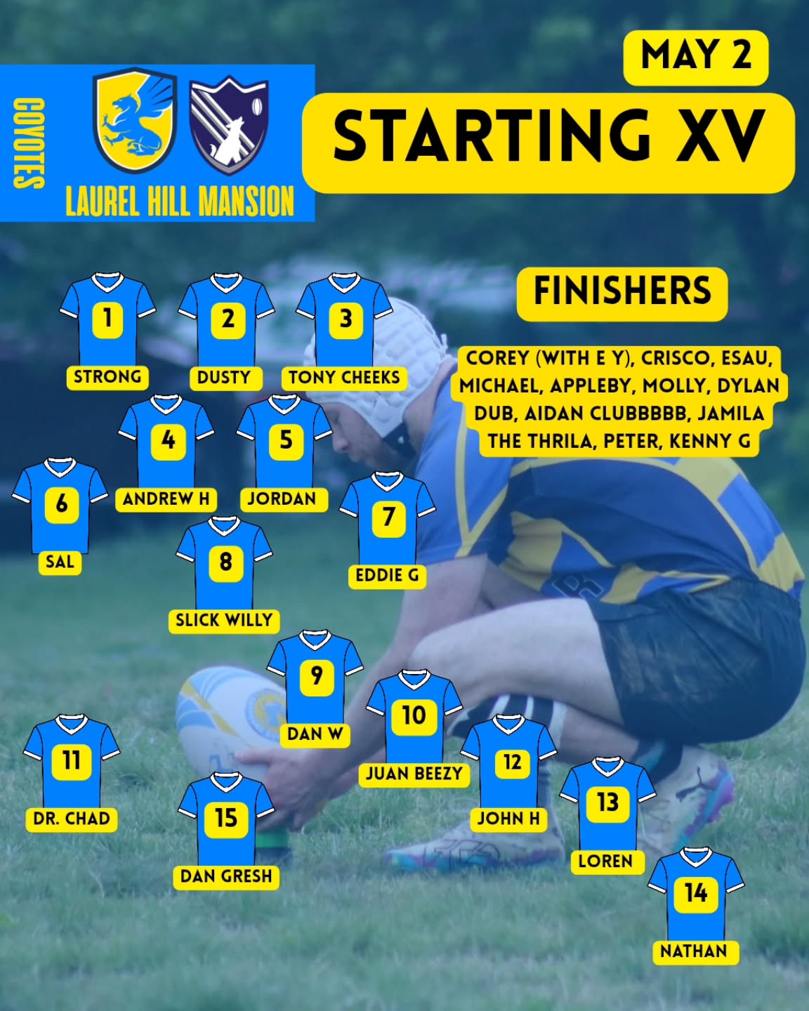 Here's the lineup for our blue side match against the Coyotes! We'll have the Gold Squad in action today as well and are hoping to see 44 total Gryphons take the field!
Good luck and let's goooooooo Gryphons!