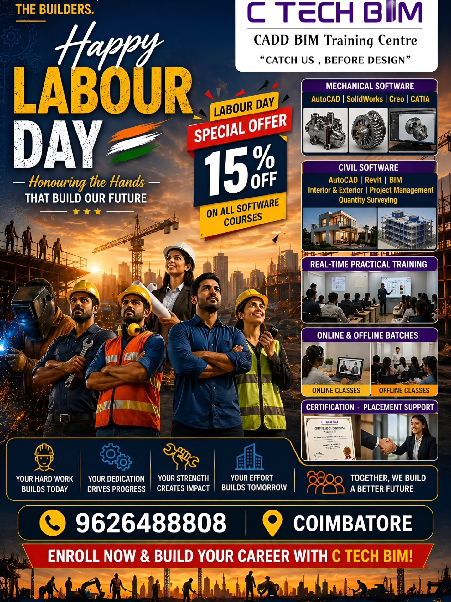 ๐ Happy Labour Day from C TECH BIM ๐
Today we honour the hardworking hands that build our future. ๐๏ธ๐ทโโ๏ธ๐ทโโ๏ธ
๐ฅ Labour Day Special Offer โ 15% OFF on All Software Courses ๐ฅ
๐ป Mechanical Courses:
AutoCAD | SolidWorks | Creo | CATIA
๐๏ธ Civil Courses:
AutoCAD | Revit | BIM | Interior & Exterior
Project Management | Quantity Surveying
๐ Real-Time Training | Certification | Placement Support
๐ Coimbatore
๐ 9626488808
๐ ctechbim.com
โณ Limited Period Offer โ Enroll Now!
#HappyLabourDay #CTechBIM #CADTraining #BIMTraining #coimbatore
