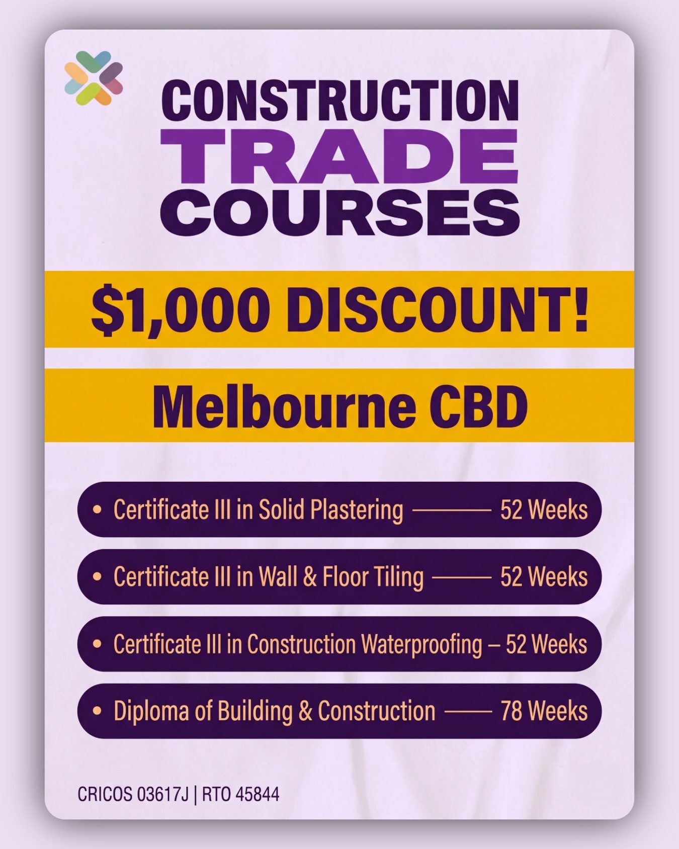 $1,000 OFF Construction Trade Courses — Melbourne CBD
Ready to get into construction? Now’s the time.
We’re offering $1,000 off across our nationally recognised trade qualifications:
✅ Certificate III in Solid Plastering: $11,500 → $10,500 AUD
✅ Certificate III in Wall & Floor Tiling: $11,500 → $10,500 AUD
✅ Certificate III in Construction Waterproofing: $12,500 → $11,500 AUD
✅ Diploma of Building & Construction: $12,500 → $11,500 AUD
Face-to-face training in the heart of Melbourne. Real skills that get you working in Australia’s construction industry.
📩 DM us to apply before you lose your spot!
CRICOS 03617J | RTO 45844