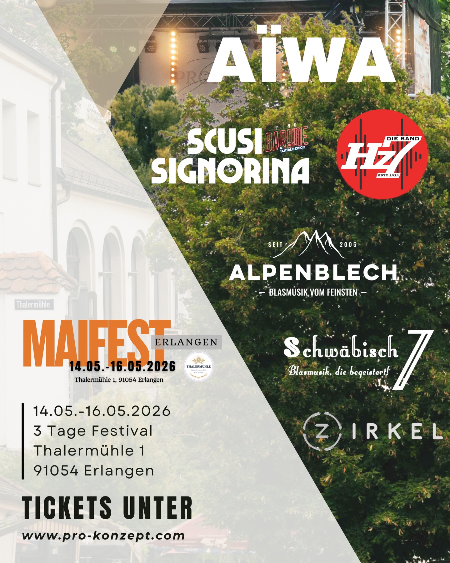 ✨𝙈𝘼𝙄𝙁𝙀𝙎𝙏 𝟮𝟬𝟮𝟲 | überraschend anders✨
📍 Thalermühle 1, 91054 Erlangen
📅 14.–16. Mai 2026
Das Maifest Erlangen kommt zurück. Dieses Jahr im Innenhof des @gasthausthalermuehle und mit einem Programm, das abwechslungsreicher nicht sein könnte.🎶
🎺 Donnerstag, 14.05.2026 | Auftakt & Vatertag
⏰ 10:00 – 11:30 Uhr
@schwaebisch7 eröffnet das Maifest mit schwäbischem Charme und sorgt für den perfekten Start in den Vatertag. 🎶🥨
⏰ 12:00 Uhr
Feierlicher Fassanstich durch den Oberbürgermeister der Stadt Erlangen @joergvolleth 🍻
⏰ 12:00 – 15:00 Uhr
@alpenblech – Bringt Blasmusik vom Feinsten auf die Bühne 🎺🔥
⏰ ab 17:00 Uhr
𝙎𝘾𝙐𝙎𝙄 𝙎𝙄𝙂𝙉𝙊𝙍𝙄𝙉𝘼 🇮🇹
@scusi_signorina X @pino_barone_72 X @dj.italodisco
Zwei Herzen, eine Seele: Italo-Vibes mixed DJ-Feeling🎧✨
🔥 Freitag, 15.05.2026 | Live & Party
⏰ ab 18:00 Uhr
@hertz7.band bringt die Bühne zum Beben! 🎸🎷
Die 8-köpfige Liveband sorgt mit starken Stimmen, energiegeladenen Bläsern und jeder Menge Party Klassikern für eine unvergessliche Nacht.
Eintritt frei bis 20:00 Uhr‼️
🌿 Samstag, 16.05.2026 | AÏWA
⏰ ab 16:00 Uhr
@aiiwa_event🌿🎧
Line-up:
@aaron_miraku
@backroom.session
@chezmariedj
@blankenheim__
@daria.zmf
Ein Tag voller elektronischer Sounds, Vibes und Sommerfeeling unter freiem Himmel ✨🪩
🍻 Dazu täglich kulinarische Highlights vom @gasthausthalermuehle und kühle Drinks von @pro.konzept
🪩AFTER HOUR | ZIRKEL ERLANGEN
Wenn das Maifest in der Thalermühle langsam ausklingt, geht es im @zirkel_club direkt weiter. 🔥
An allen drei Veranstaltungstagen erwartet euch dort die offizielle AFTER HOUR des Maifests.
🔹Beste Stimmung
🔹Drinks
🔹Club Sound
👉 Mit eurem Maifest-Bändchen sichert ihr euch jeden Abend freien Eintritt und könnt den Abend nahtlos in die Nacht verlängern.
Der perfekte Abschluss für alle, die noch nicht genug haben. 🪩🍸
🔹 Tickets & Infos:
🌐 www.pro-konzept.com/maifest-erlangen-2026
🔹 Follow für Updates:
@maifest.erlangen
@pro.konzept
#MaifestErlangen2026 #proKonzept #EventManagement #LiveEvents #FestivalVibes