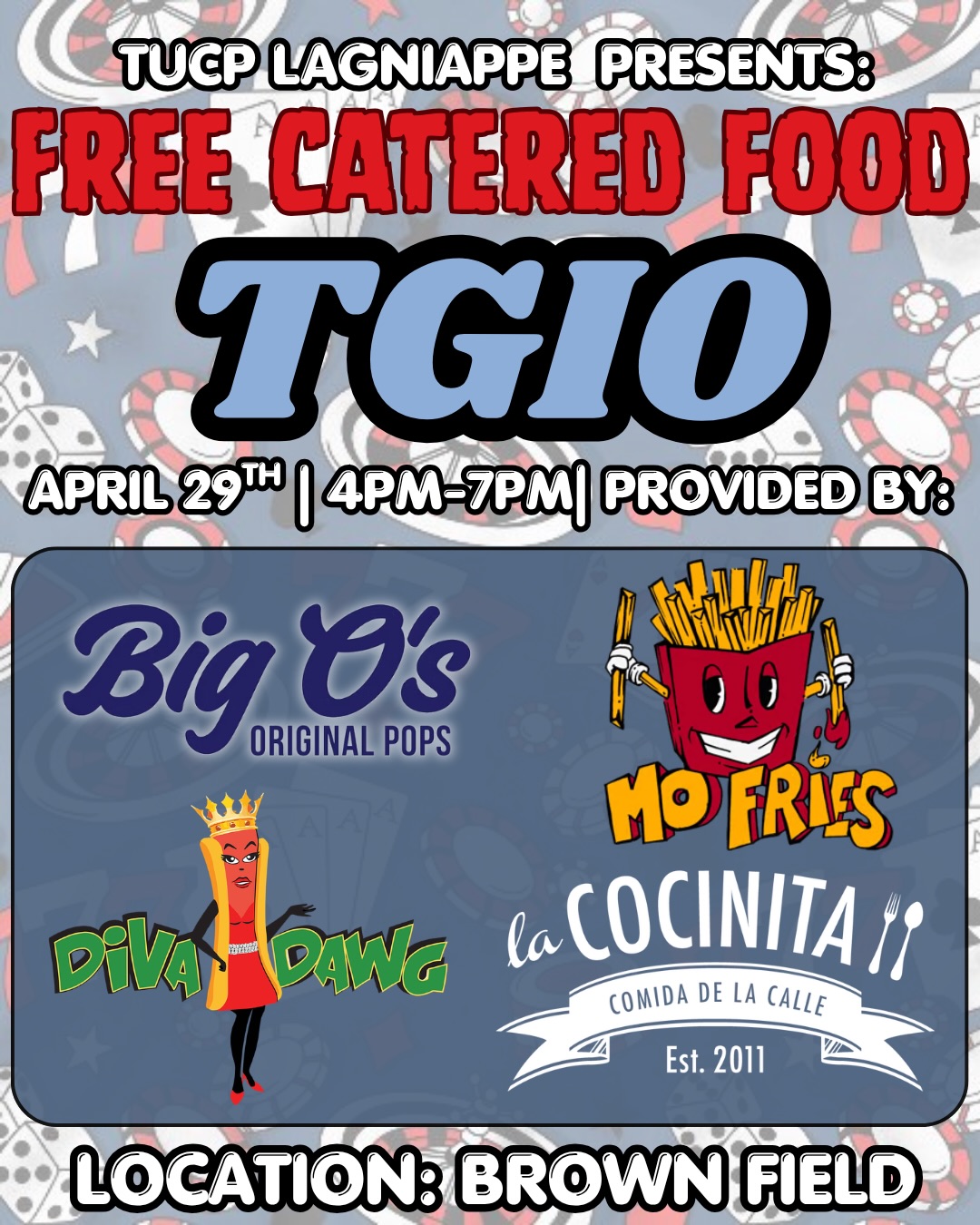 Thank God It’s Over is rapidly approaching in ONE day 🥳‼️ There will be music, FREE merch, FREE catered food, and great vibes ALL afternoon long from 4PM-7PM on Brown Field 🕺👌
Enjoy FREE food from:
Big O’s 😋
Mo Fries 🍟
Diva Dawg 🌭😉
Cocinita 🌮