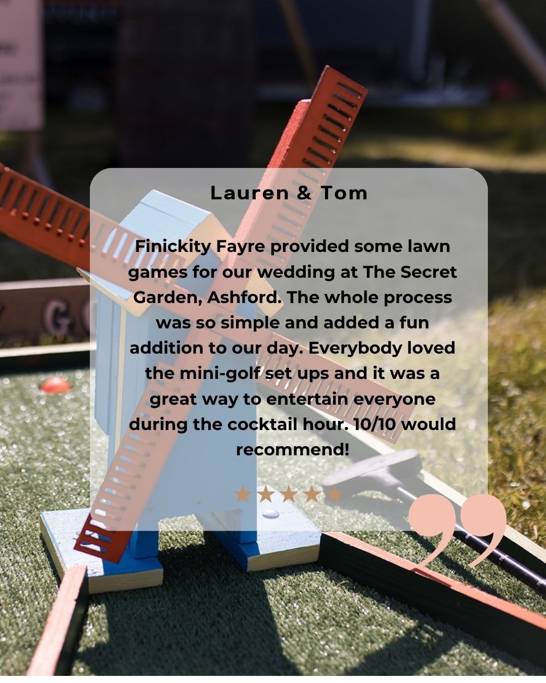 A truly glowing review! ✨
We were delighted to supply a selection of crazy golf games for Lauren and Tom's special day at the beautiful Secret Garden in Ashford — the perfect setting for a bit of fun and friendly competition ⛳️💐
Here is the review from Lauren & Tom below:
Finickity Fayre provided some lawn games for our wedding at The Secret Garden, Ashford. The whole process was so simple and added a fun addition to our day. Everybody loved the mini-golf set ups and it was a great way to entertain everyone during the cocktail hour. 10/10 would recommend!
Planning a celebration? Whether it’s a garden party, wedding, or carnival-themed event, our fairground games are the perfect addition 🎪🎉 Get in touch via our website to find out more.
💒 - @secretgardenkent
#WeddingFun #GardenParty #MiniGolfHire #EventEntertainment #Kentweddings