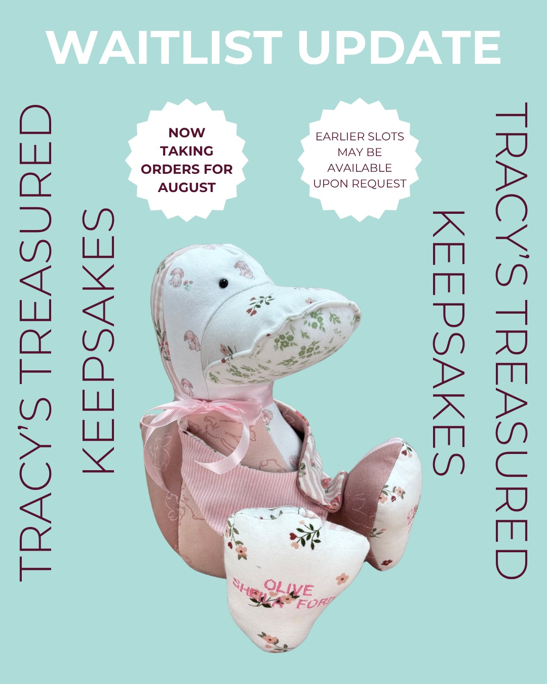 Waitlist update:
I'm taking orders for August.
If you've been thinking about transforming those precious clothes into a keepsake, now's the time to get your order in. Spaces are filling up, so don't leave it too late!
To secure your spot for your keepsake, order at the link in my bio.
#TracysTreasuredKeepsakes #SmallBusinessUK #PersonalisedKeepsakes #HertsCustomKeepsakes #HandmadeGiftsUK