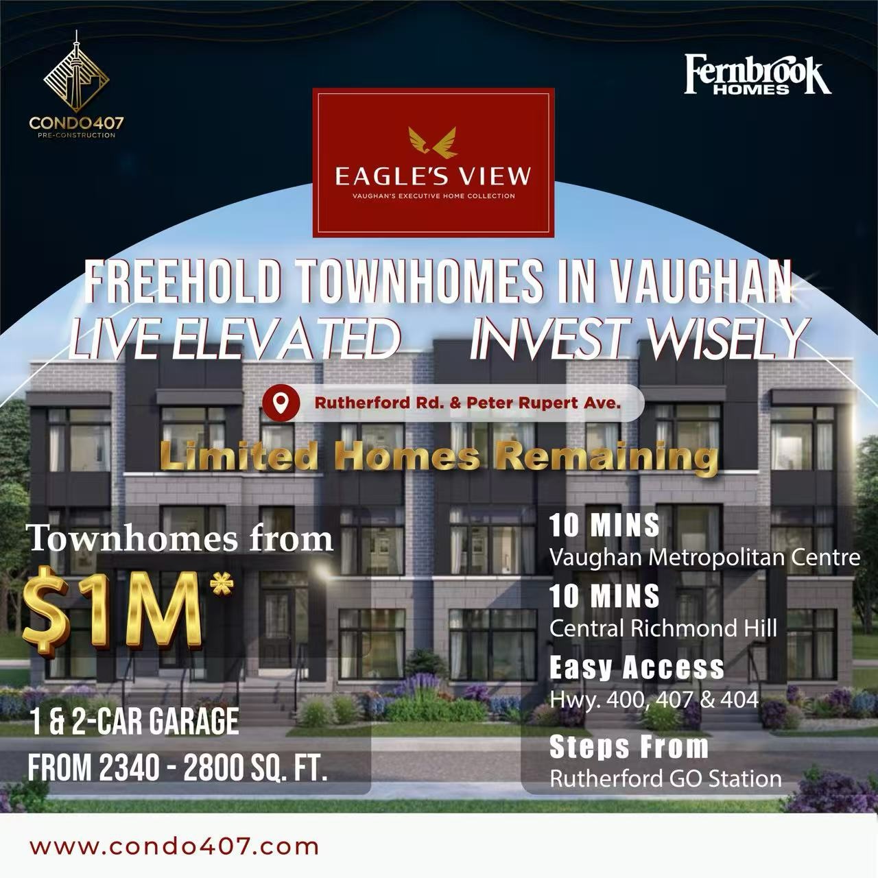 Eagle’s View Freehold Towns|Limited Release in Vaughan ✨
by @fernbrookhomes is located near Dufferin St. & Rutherford Rd. in Vaughan. A limited number of homes remain, with new reduced pricing now available.
✨ Project Overview ✨
Eagle’s View Freehold Towns
🔥 Limited Homes Remaining
💰 New Reduced Pricing Available
📍 Rutherford Rd. & Peter Rupert Ave., Vaughan
📅 Closing in 2027
🏡 Freehold Townhome Collection
Eagle’s View offers a limited collection of completely freehold townhomes in an established Vaughan location.
The community includes several townhome designs, including dual frontage, rear lane, and traditional street town styles, giving buyers different layout options to consider.
💰 Pricing Information
Homes start from $1,093,900 net of HST rebate. Final pricing, rebate details, and eligibility should be confirmed with the latest builder documents.
📍 Vaughan Location
Situated at Dufferin St. & Rutherford Rd., the community is surrounded by everyday conveniences, including parks, shopping, schools, and transit options.
🌳 Steps to Green Space
A new 30-acre park is located nearby, offering extra outdoor space for walking, recreation, and daily community living.
🛍 Everyday Convenience
With access to nearby parks, retail, schools, and transit, Eagle’s View offers a practical location for buyers looking at Vaughan’s new freehold townhome market.
📌 Why Take a Closer Look?
Freehold townhome options in Vaughan are limited, and Eagle’s View currently has only a small number of homes remaining. With adjusted pricing and a 2027 closing timeline, it may suit buyers who are planning ahead for a new freehold home.
📞 Contact us for details, availability & worksheets:
📩 Contact today:
☎️ 416.856.1997
📧 info@condo407.com
🌐 www.condo407.com
#EaglesView #FreeholdTowns #VaughanRealEstate #NewHomesVaughan #condo407