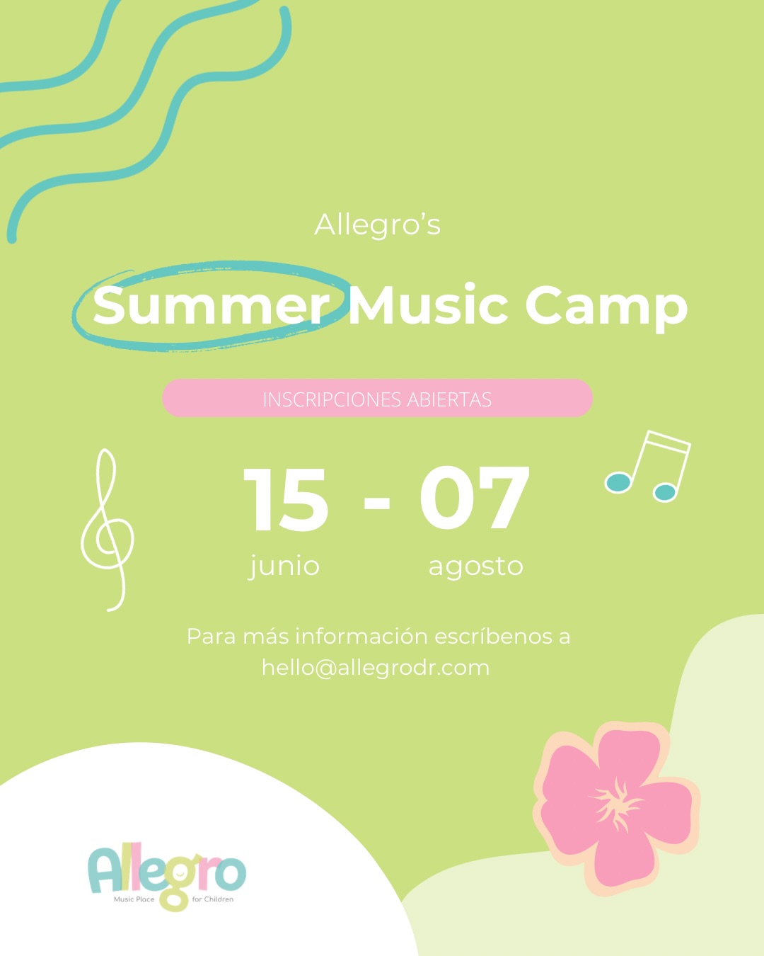 ¡Inscripciones abiertas!
Desde ya, estamos preparándonos para un verano inolvidable ☀️ Donde tendremos propuestas musicales en combinación con arte y experiencias inmersas ¡No se lo pueden perder! 🍉
🗓️ Junio 17 hasta el 7 de agosto
⏰ Horario vespertino
Para más información, escríbenos a hell@allegrodr.com o al 829-648-3198
#makeitfun #allegrodr