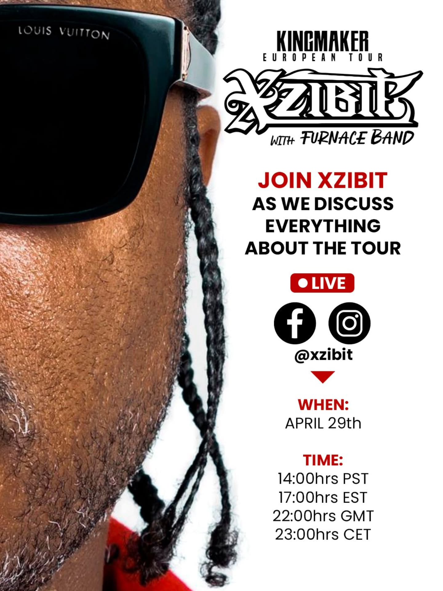 Join Xzibit on a live chat and discuss about the upcoming European tour
🗓 April 29th 2026
Facebook
Instagram
@xzibit