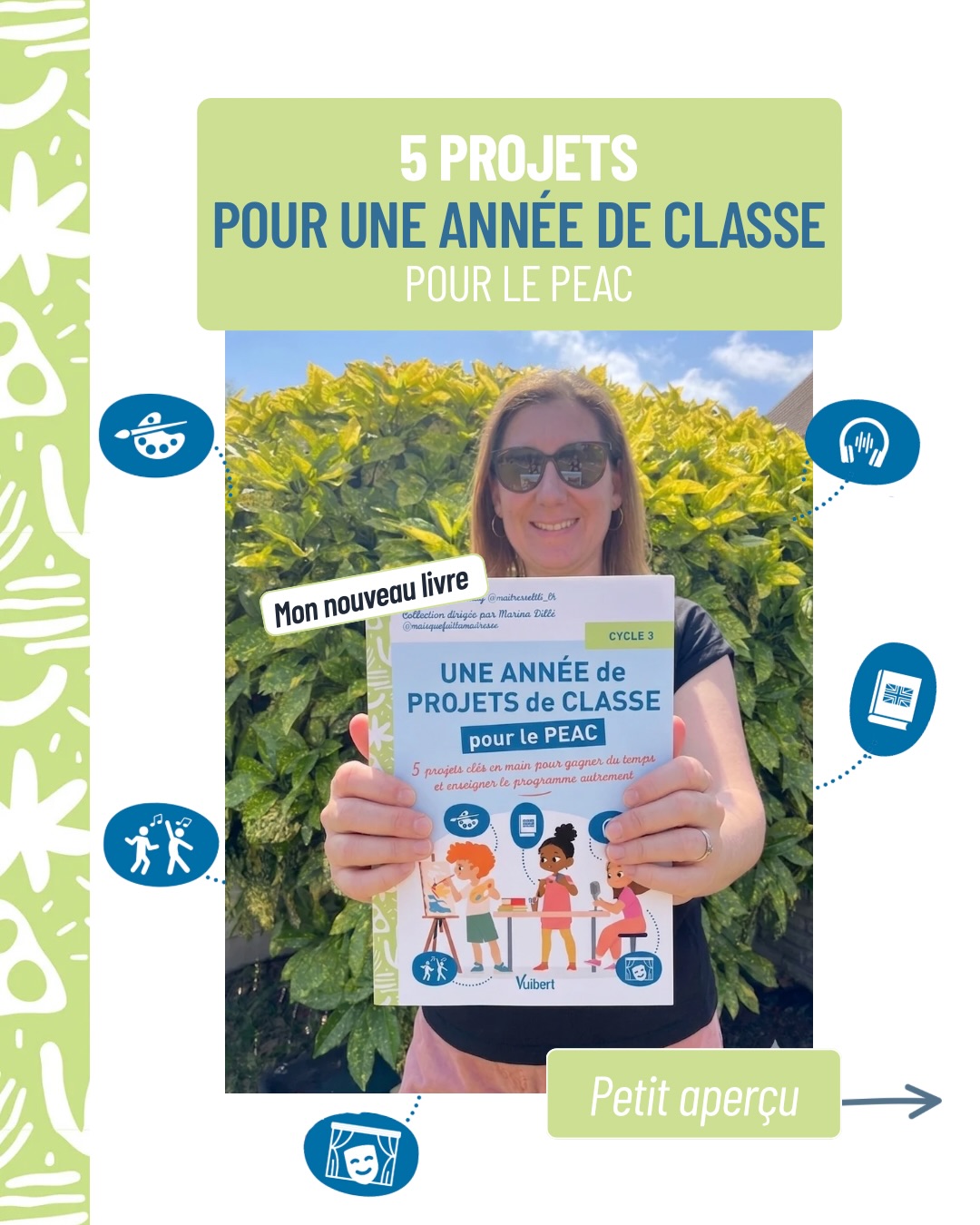M•O•N L•I•V•R•E
▶️ Quel projet vous donne le plus envie ?
Après des heures et des heures de travail mon nouveau livre de projets sort le 21 mai !!
Il s’agit de 5 nouveaux projets autour du PEAC (parcours d’éducation artistique et culturel) pour vous faciliter sa mise en œuvre en classe !
Des projets clés en main qui touchent tous les domaines et qui vous permettront de vous lancer sans avoir à préparer toutes vos séances en amont !
Comme pour la première édition, le tome cycle 1 est écrit par Pauline (@une.maitresse) et le cycle 2 par Marina (@maisquefaitlamaitresse).
Je remercie d’ailleurs Marina sans qui tout ça n’aurait pas été possible et @editionsvuibert pour cette nouvelle opportunité !!
N’hésitez pas à partager cette nouvelle autour de vous ! Ça me toucherait beaucoup 💚 !!
Bon long week-end !
Maitresselili_lh ✨
#maitresselililh #cycle3 #cm1 #cm2 #maitresse
Ps : petite faute de frappe à Odyssée ! 🫣