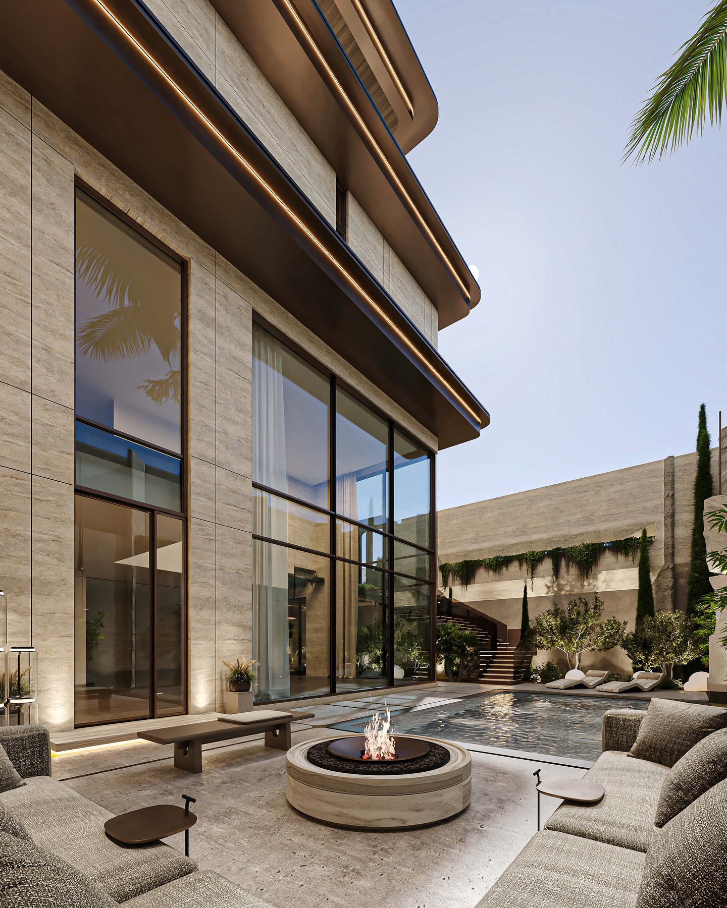A private luxury villa in Al Qairawan, Riyadh, designed around a calm inner courtyard where water, light, and architecture meet.
The project is centered around a sunken outdoor space featuring a pool and a fire lounge, creating a seamless indoor outdoor living experience.
Full height glass, warm natural stone, and soft integrated lighting shape a refined and modern atmosphere while maintaining complete privacy.
The layout includes:
• 6 bedrooms including a spacious master suite
• Dedicated guest suite
• Private gym & spa area
• Multiple living and entertainment spaces
• Separate service zones for functionality
A home designed as a private retreat, where every space is connected visually and emotionally.
Design by @maroon_architects
When your dreams take shape.