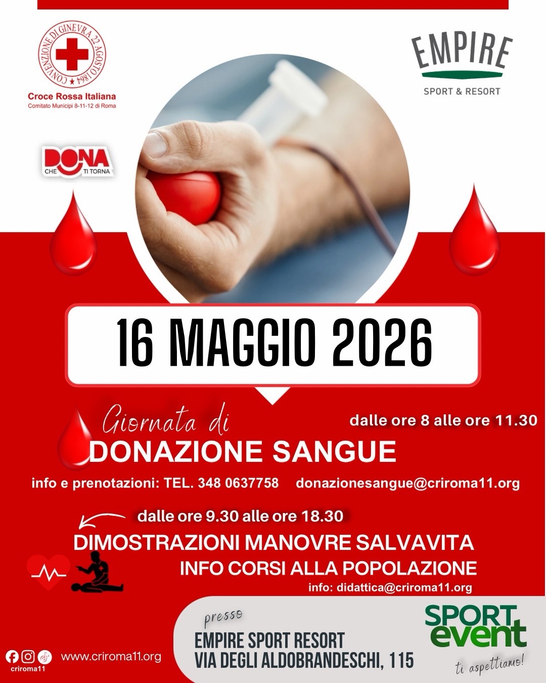 ❤️ DONA IL TUO TEMPO, SALVA UNA VITA ❤️
Il 16 Maggio 2026 ti aspettiamo all’Empire Sport & Resort per una giornata speciale insieme alla Croce Rossa Italiana.
🩸 Donazione sangue
🕗 dalle 8:00 alle 11:30
🚑 Dimostrazioni manovre salvavita
🕤 dalle 9:30 alle 18:30
Un piccolo gesto può fare una grande differenza.
Partecipa anche tu e diventa protagonista della solidarietà!
📍 Empire Sport Resort
📞 Prenotazioni: 348 0637758
👉 Ti aspettiamo!