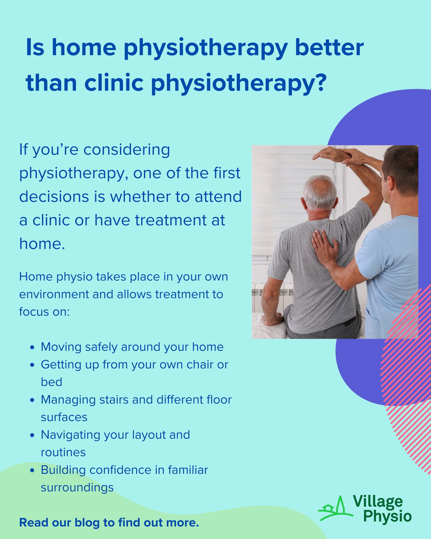 Is it better to go to a clinic for physiotherapy, or have treatment at home?
The answer isn’t just about convenience – it can affect how well you recover, how confident you feel, and how easily you return to everyday life.
Read our latest blog to find out more at https://www.villagephysio.org/post/home-vs-clinic-physiotherapy-south-yorkshire