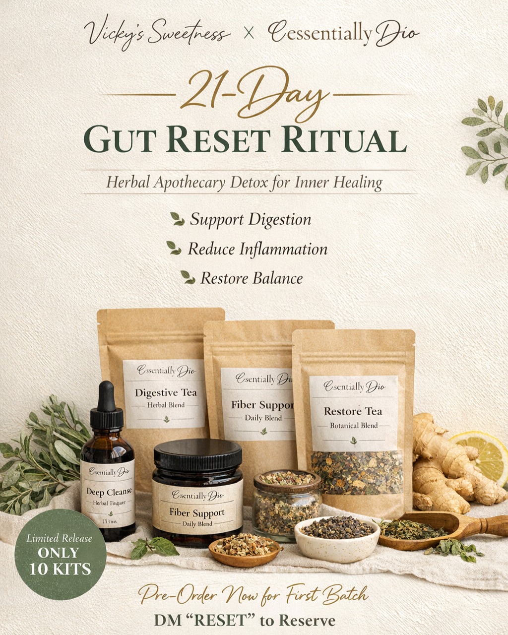 ✨ Something new is coming…
For months I’ve been working on something deeper… not just food, but healing from within.
Introducing my
🌿 21-Day Gut Reset Ritual 🌿
A small-batch herbal apothecary experience designed to:
• Support digestion
• Reduce inflammation
• Help your body reset naturally
💫 First batch: ONLY 5 kits left
💫 Handmade & slow-crafted (ready in 3 weeks)
👉 Pre-order now
👉 DM “RESET” to reserve yours