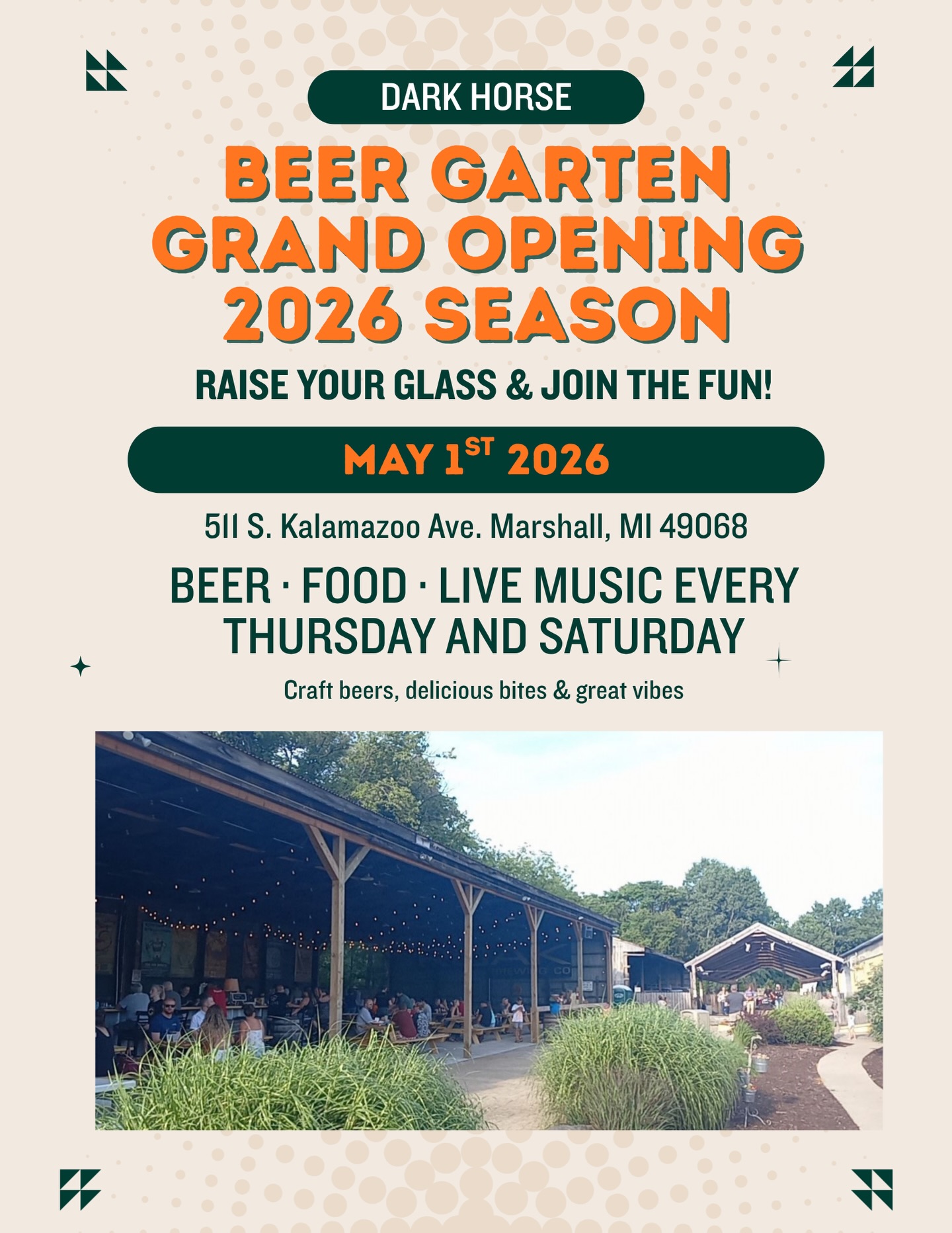 The wait is over 🍻
The Dark Horse Beer Garten is BACK for the 2026 season!
Join us May 1st for great beer, good food, and even better vibes. Live music every Thursday & Saturday—see you there!🍻🔥