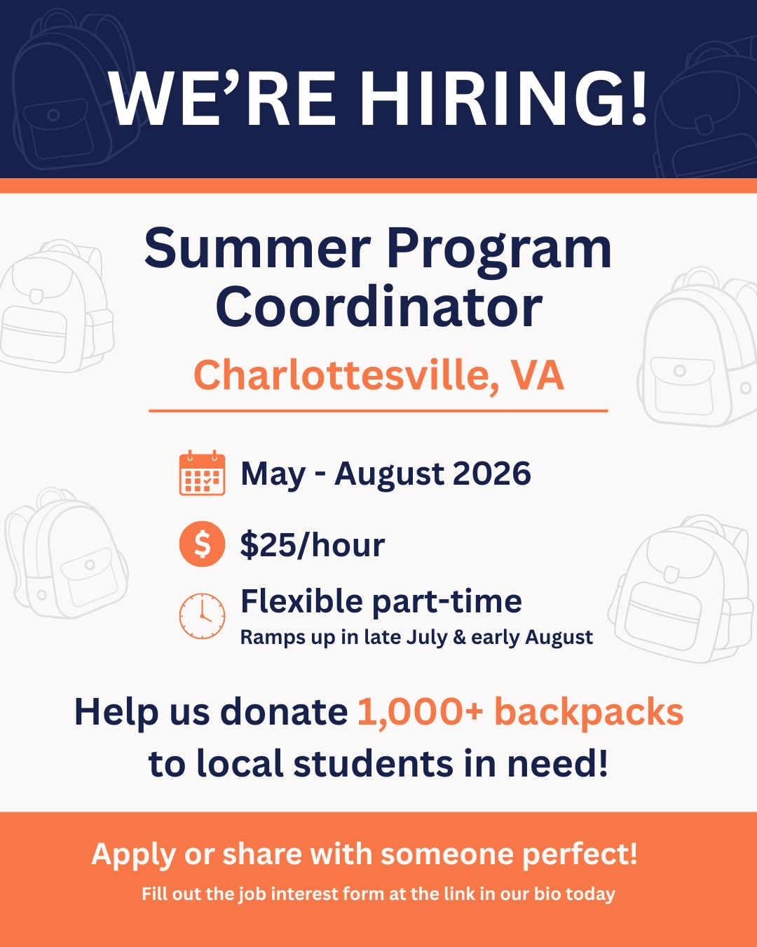 We’re hiring a Summer Program Coordinator!
Spend your summer making a real impact by helping us provide 1,000+ backpacks to local students.
You’ll take on a leadership role in the nonprofit and run day-to-day operations, from packing backpacks to coordinating donations and working with schools and community partners.
Apply or share with someone perfect!
Fill out the interest form at the link in our bio.
#BackpackBuddies
#UVA
#Charlottesville
#SummerJob
#NonprofitJobs