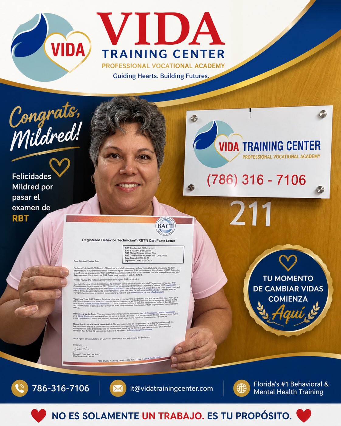 Congrats Mildred 👏✨ Felicidades Mildred por pasar el examen de RBT 💙🧩🏆
Her story is proof that it’s never too late to start. Despite life’s obstacles and language barriers Mildred stayed committed showed up with determination and made it happen
Today she is officially a Registered Behavior Technician ready to make a difference in the lives of children and families 💙
At VIDA Training Center we believe that anyone with the disposition professionalism and empathy can succeed and we are here to guide you every step of the way
🌸 Mother’s Day Special is LIVE 🌸
If Mildred can do it so can YOU
Your new career starts here
📞 786 316 7106
📧 it@vidatrainingcenter.com
#VIDATrainingCenter #RBT #ABACareers #Inspiration #MothersDaySale