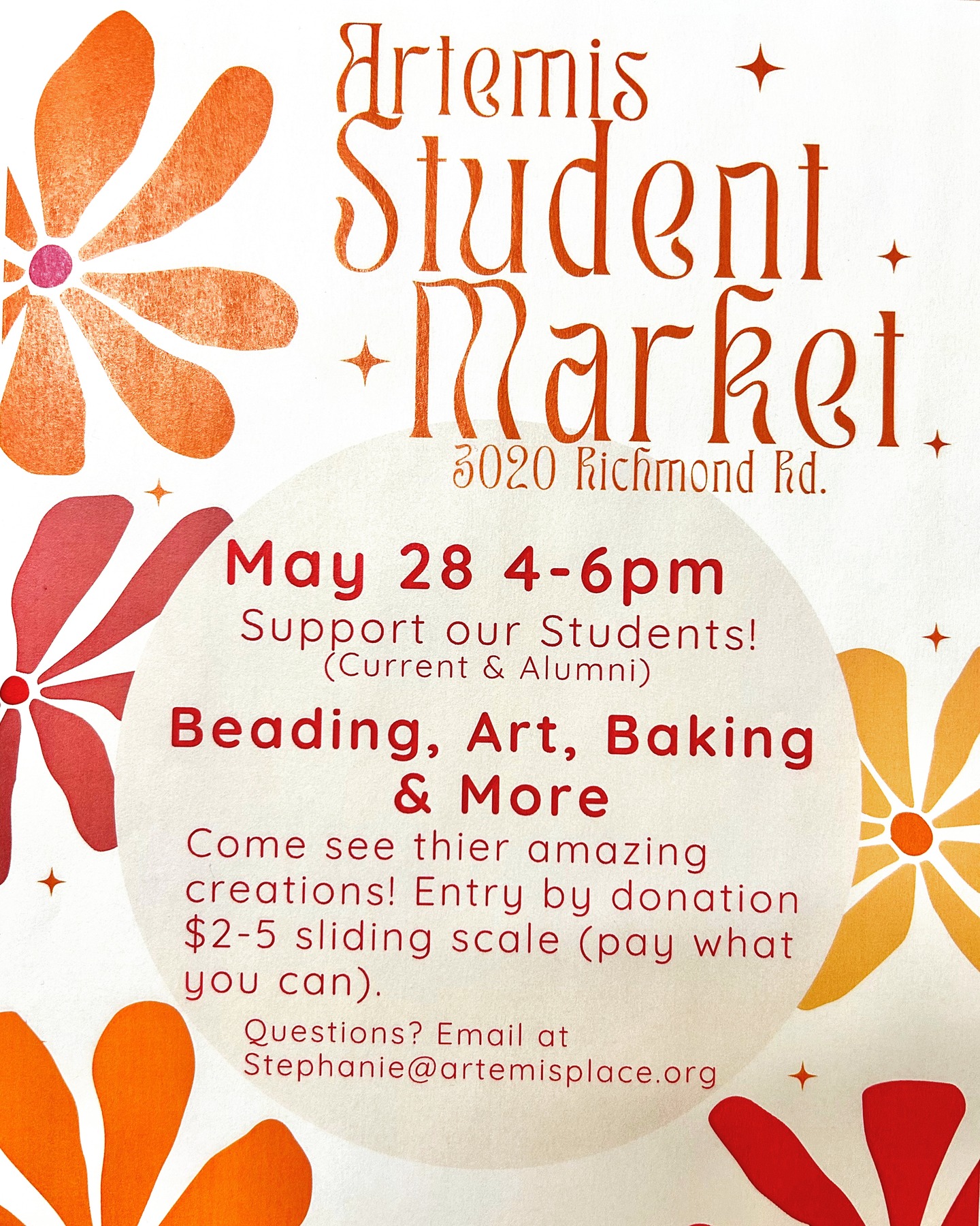 Guess what!??? 💥
We are hosting an Artemis Student Market!
Thursday May 28 from 4- 6pm 🥰
Mark your calendar! 🌈
Current & Past Students are welcome to vend for free; email stephanie@artemisplace.org
(from art to toys, baking, etc).
Please come stop by to visit our garden & support our student community! 🎉
We look forward to seeing you all there ❤️
Email stephanie@artemisplace.org to book your spot Artemis Students & Alumni (or if you have any questions) 🍓
Entry is by donation, proceeds will go to student & graduation needs 🔥