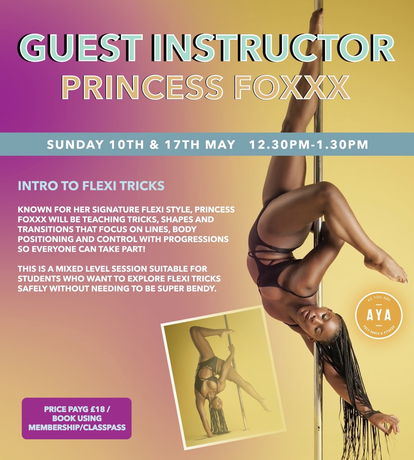 She’s back home 🏠🫂 Join Princess Foxxx for two exclusive curated sessions at AYA this May
What to expect:
• Tricks that use body positioning to create the look of flexible shapes
• Improving lines, extension and control on the pole
• Tips to make tricks look cleaner and more expressive
• Variations for different flexibility levels
Suitable for students who want to explore flexi tricks safely without needing to be super bendy.
Click the link in our bio to book.