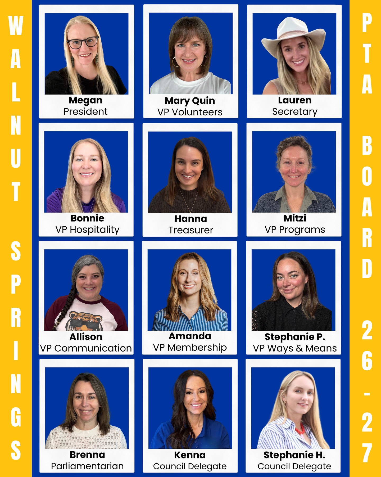 🥳 Meet your 2026–2027 Walnut Springs PTA Board! 🎉
Elections were held at our @wsestiger PTA meeting on April 17, and we’re excited to introduce the amazing group of volunteers that will be serving our school community in 26/27!
While our board is set for next year, we still need Committee Chairs to help bring our programs and events to life! If you’re interested in chairing a committee, please email Volunteers@wsepta.com.
Thank you for supporting our students, staff, and families… we couldn’t do it without you! 💙💛