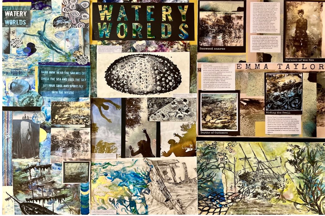 I love how this “Watery Worlds” project has developed.
A great mix of collage, drawing and texture, exploring the sea, shipwrecks and underwater forms. Strong personal ideas and some lovely experimentation throughout.
At all levels we prioritise creative freedom- giving students the space to explore and develop their own style 💗
#GCSEArt #HomeEd #ArtStudent #MixedMedia #homeeducationuk
