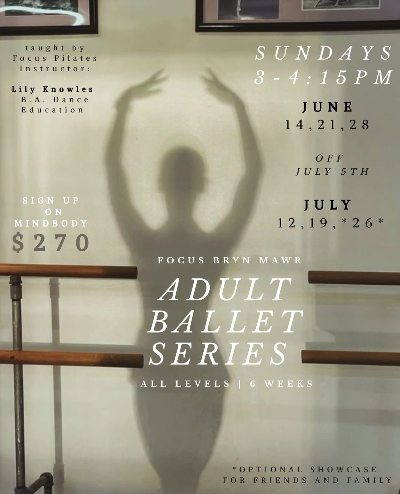 Have you wanted to take ballet but don’t know where to start?
Join us at Focus Bryn Mawr this summer for an Adult Ballet Series running June & July!
No experience required, ages 17+
Over the course of 6 weeks, you will learn ballet terminology, barre work, center work, and jumps! Taught by Pilates Instructor @lilycknowles , who has her B.A. in Dance Education and Performance, this course will go into the basics of ballet and will have an optional showcase at the end of the course to show your friends and family the work you have learned.
Bring a notebook, something to write with, water, and a snack. Wear form fitting clothes so your alignment can be seen! Ballet shoes or barefoot for class. Nonheated!
Sign up on MindBody or direct messaging us ! See you there 🩰 #adultballetseries #beginnerdance