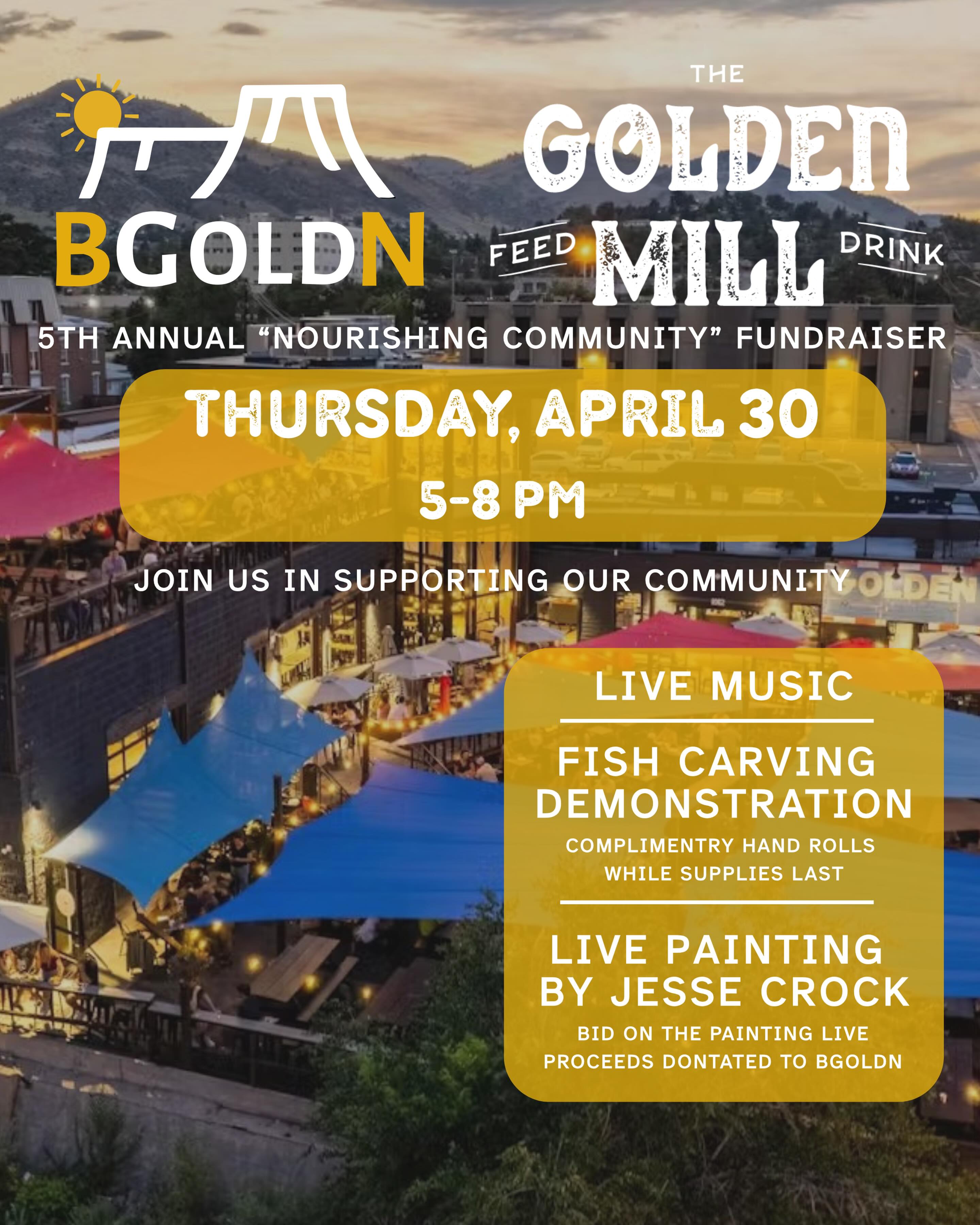 Join us TOMORROW at The Golden Mill for the 6th Annual Cultivating Community Fundraiser benefiting @bgoldn_co. Featuring live music from @kory_montgomery, a live painting auction, live bluefin tuna carving demonstration and hand rolls by Chef Jesus, and a raffle!
Thursday, April 30, from 5–8 PM. All in support of ensuring Golden-area students and families have access to nutritious, reliable food. See you there! 🙌