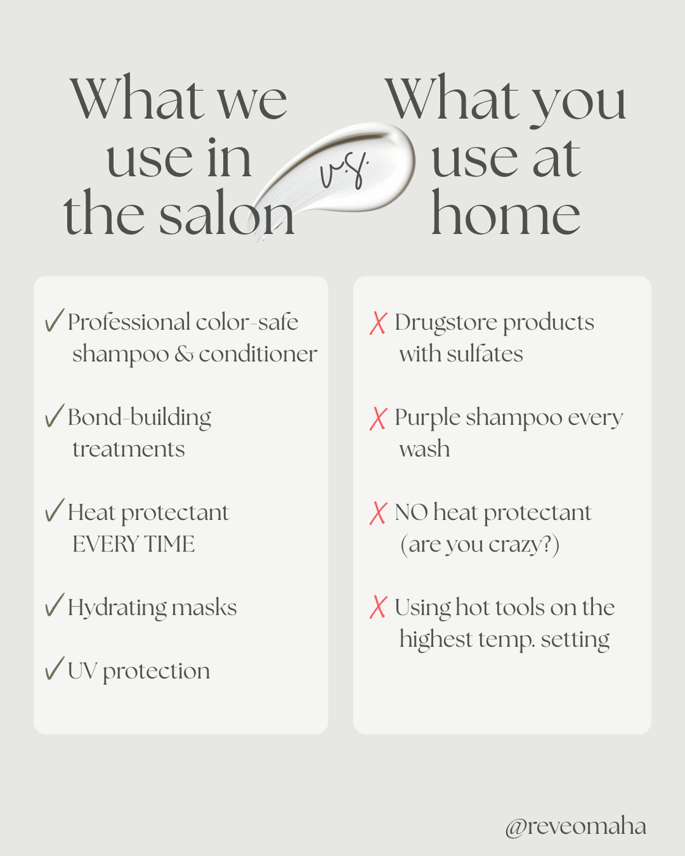 We love seeing you in the salon...just not because your at home care ruined your color in two weeks 👀
Your at-home products can either protect your investment or work against it. Ask your stylist what your home hair routine should include!
#hairhealth #haircare #athomehaircare #omahasalon #revesalonandspa