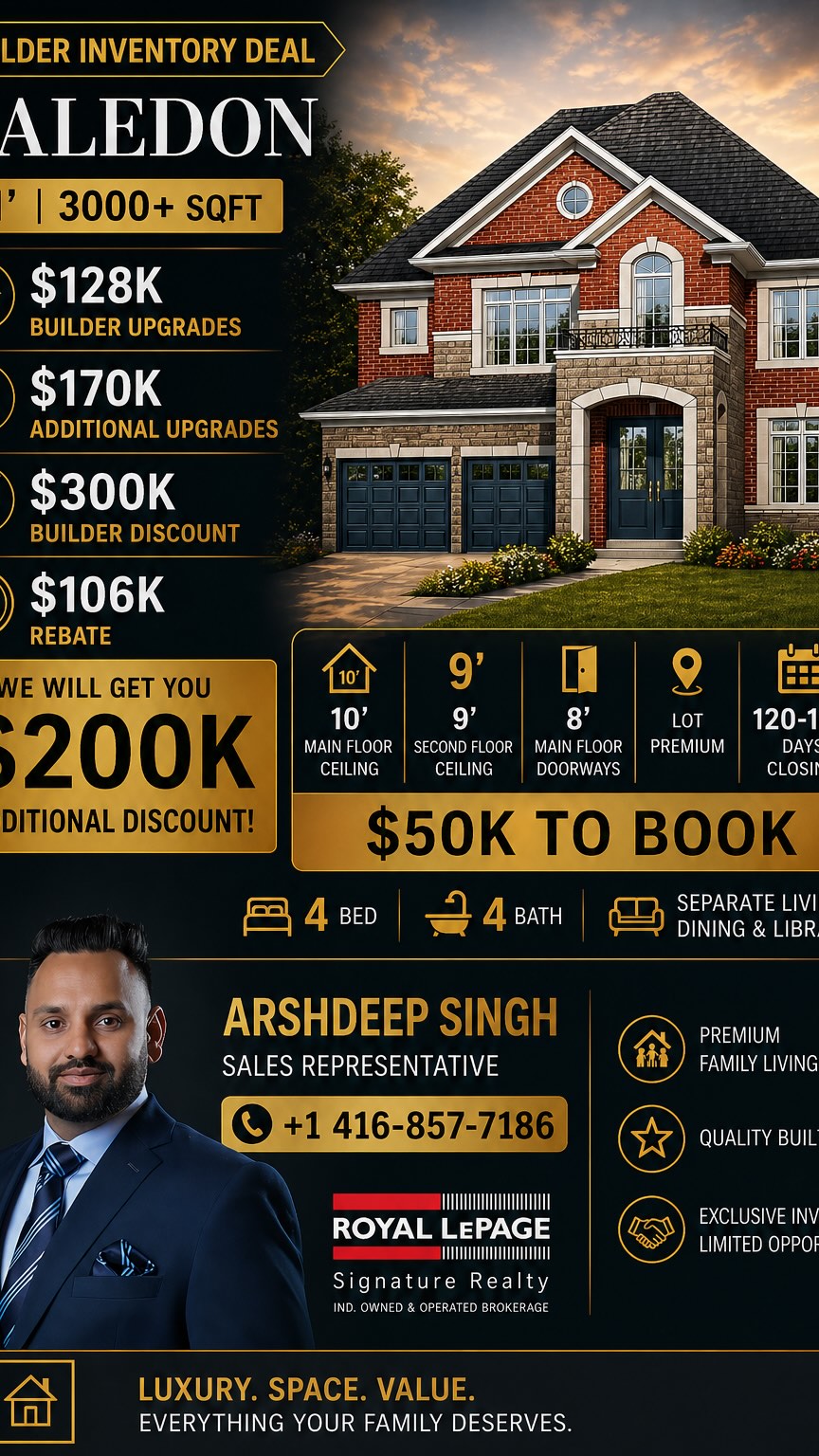 Builder Inventory Deal in Caledon 🚨
Save over $600,000 on this luxury detached home
41’ lot | 3000+ sq ft | 4 Bed + 4 Bath
120–180 days closing | Only $50K to book
Here’s the breakdown:
• $300K builder discount
• $106K HST rebate
• Up to $200K additional discount
• $128K builder upgrades included
• $170K premium upgrades already added
Luxury features:
• 10’ ceilings main floor + 9’ second floor
• 8’ interior doors
• Separate Living, Dining + Library
• Engineered oak flooring
• Stone kitchen countertops
• Freestanding tub + glass shower
• 200 AMP panel + EV rough-in
• Pot lights, gas fireplace, BBQ line
• 9’ basement ceilings + cold cellar
Plus premium exterior with stone, brick & architectural detailing
This is a move-in ready luxury home at a massive discount — very limited inventory.
Call me to secure this deal or comment “CALEDON” for full details.
Arshdeep Singh
Salesperson at Royal LePage Signature Realty
Call/Text: 416-857-7186
#arshpanesar #tdotpreconca #caledonrealestate #luxuryhomesgta #detachedhomesgta