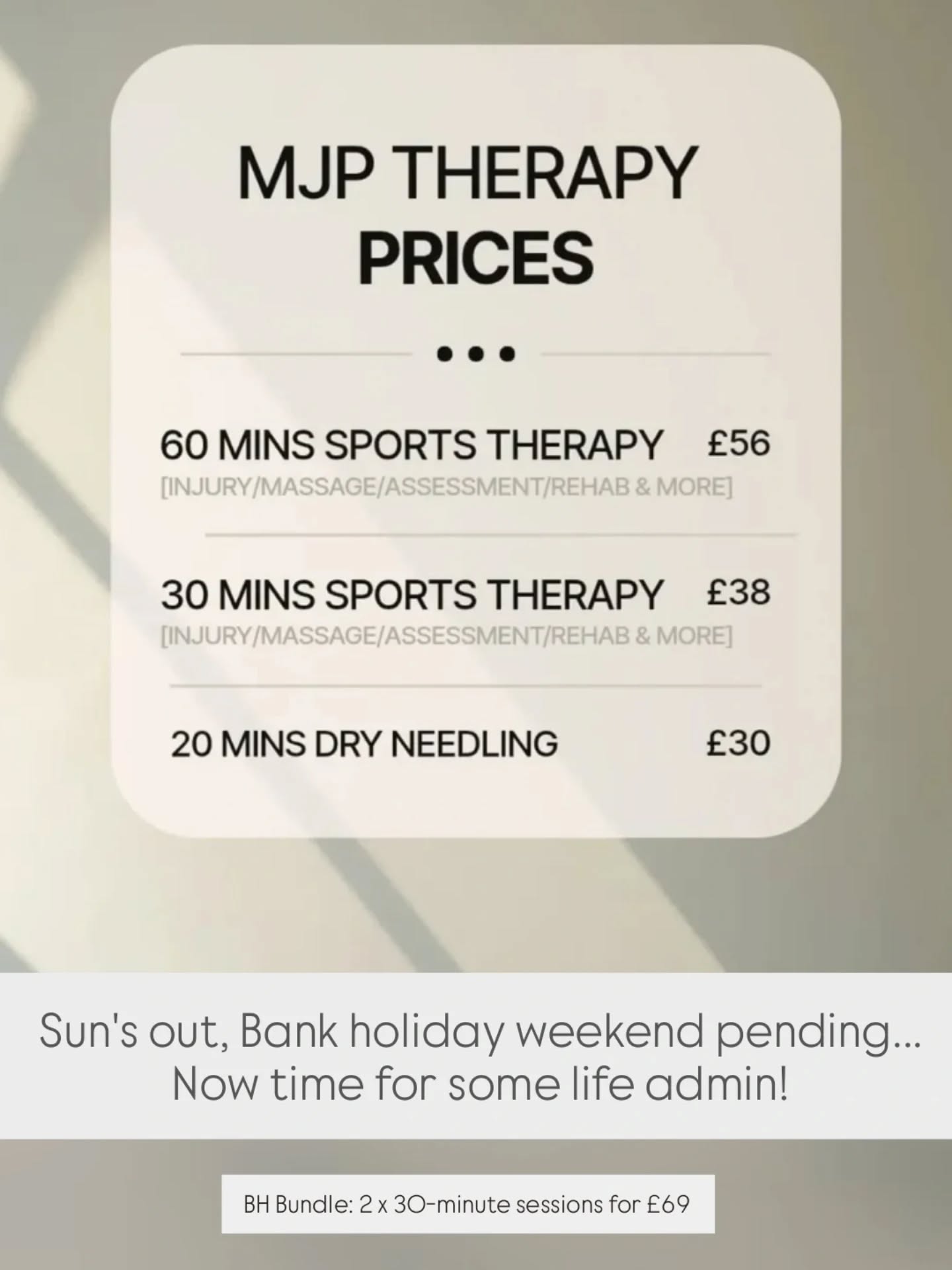 π Offer Ends Monday 4th May 11:59pm π
This weekend, take some time for yourself! Book now for 2x 30 minute sessions for Β£69