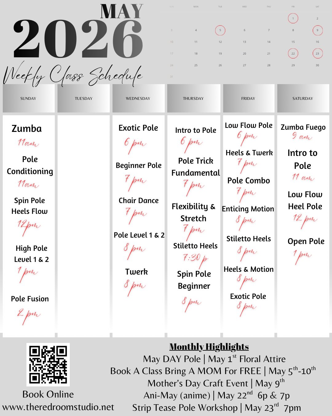 May Schedule is here
Monthly Highlights
✨May Day • Friday May 1st | 6pm & 7pm
✨Mother’s Day Special • Classes only on May 5th - May 10th | Book a class bring a mom “friend” for free
✨Mother’s Day Craft Event • May 9th | 3pm-6pm
✨Ani-May Pole Class • May 22nd | 6pm & 7pm
✨Strip Tease Pole Workshop • May 23rd | 7pm
May brings flowers 💐 & we are blossoming with our specialty classes this month!
Registration/booking closes 1 hour before class start time, be sure to book your spot in advance- spots are limited.
#theredroomstudio #njdanceclasses #mayschedule #njdancestudio #mothersdayevent