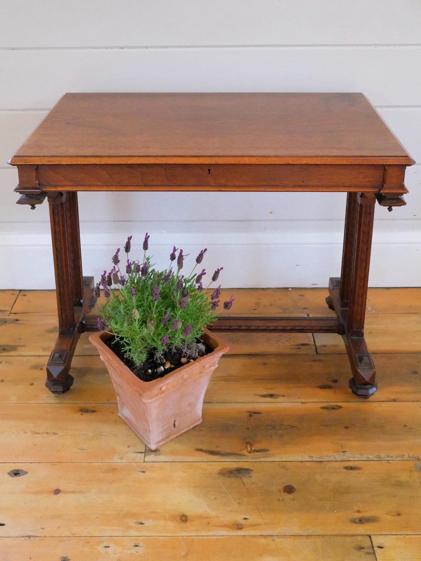 A Sunday piece with pedigree.
By Gillows of Lancaster and London, circa 1880, this Aesthetic Movement side table shows the firm at its most considered. Known for precision and exceptional timber selection, Gillows pieces favour restraint over excess and this is no exception.
Stepped pendant drops, faceted fluting, and trefoil pierced brackets create a quietly architectural form. Stamped to the drawer and retaining its original ‘Royal Letters Patent’ lock beneath the VR crown, with a richly toned likely Cuban mahogany top.
Height 60 cm
Width 76 cm
Depth 48 cm
A wonderful piece of furniture making heritage, currently 10% off on the website ♥️
.
.
.
#gillows #aestheticmovement #antiquefurniture #victorianinteriors #terroustudio