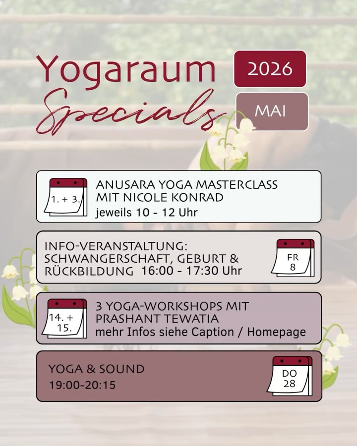🌸 Alles neu macht der Mai – und du machst mit! 🌿✨
🤔Hand aufs Herz: Wie oft hast du diesen Monat schon gedacht „Ich sollte unbedingt mal wieder zum Yoga...“?
✨Der Mai ist da und mit ihm diese ganz besondere Energie von Neuanfang und Wachstum. Es ist die perfekte Zeit, um alte Ausreden über Bord zu werfen.
🙏Du kennst das Gefühl: Der Alltag ist voll, die Termine drängen, und eigentlich weißt du ganz genau, wie gut dir eine Stunde auf der Matte tun würde. Du weißt, wie tief du danach durchatmen kannst. Also: Hör auf zu schieben. Schau jetzt in deinen Kalender, nimm dir deine Auszeit ganz bewusst und schau mal, was du heute für DICH schieben kannst. Du weißt, dass es dir gut tut – wir halten den Raum dafür bereit.
🧘♀️Neben unseren regulären Kursen, die dir Stabilität in der Woche schenken, ist der Mai bei uns vollgepackt mit besonderen Highlights:
🚀Dein Mai-Fahrplan im Yogaraum:
✨ 01. & 03. Mai | 10:00 – 12:00 Uhr
Anusara Masterclass mit Nicole Konrad
Präzision trifft Herz – tauche tief ein in die Welt des Anusara.
✨ 08. Mai (Freitag) | 16:00 – 17:30 Uhr
Infoveranstaltung: Schwangerschaft, Geburt & Rückbildung
Wissen, Vertrauen und Austausch für diese besondere Reise mit Ina & Katja.
✨ 14. & 15. Mai | Workshops mit Prashant Tewatia
Internationale Yoga-Magie direkt bei uns in Ravensburg:
14. Mai | 9:30-12:30 Uhr: Qigong for Yogis: Soft Power & Subtle Strength
14. Mai | 14:00 – 17:00 Uhr: The Power of Posture: Align, Activate, Awaken
15. Mai | 18:00 – 21:00 Uhr: The Spine in Motion: Fluid Strength & Intelligent Mobilit
✨ 28. Mai | 19:00 – 20:15 Uhr
Yoga & Sound
Lass den Monat klangvoll, sanft und tief entspannt ausklingen.
Der Mai macht alles neu – auch dein Wohlbefinden, wenn du dir den Platz auf der Matte sicherst. 🌸
👉 Alle Details & Buchung über den Link in der Bio oder direkt in der Eversports oder Yogaraum App.
Wir freuen uns auf dich und deine Energie! ✨
#YogaraumRavensburg #AllesNeuMachtDerMai #YogaMai #PrashantTewatia #AnusaraYoga #YogaRavensburg #MeTime #Achtsamkeit #YogaPraxis
