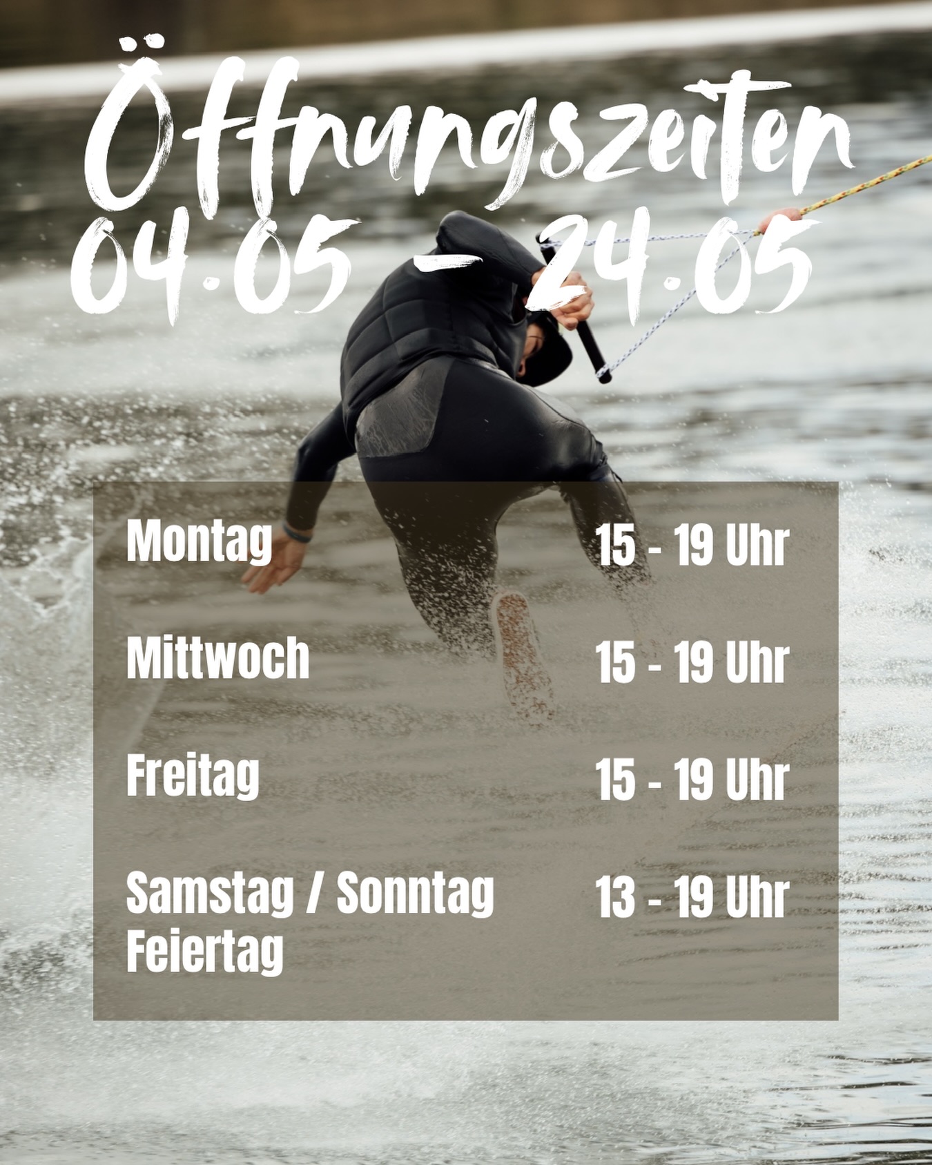 Next opening block is on 🔥
Ab dem 04.05. bis 24.05. starten wir mit unseren neuen Öffnungszeiten in den nächsten Saisonabschnitt.
Montag | Mittwoch | Freitag
15:00–19:00
Samstag | Sonntag | Feiertage
13:00–19:00
Das Beste:
Ihr könnt jetzt auch unter der Woche aufs Wasser 🙌
See you at the cable.
#wakeparkkiefersfelden #wakeboarding #wakesession #cablepark