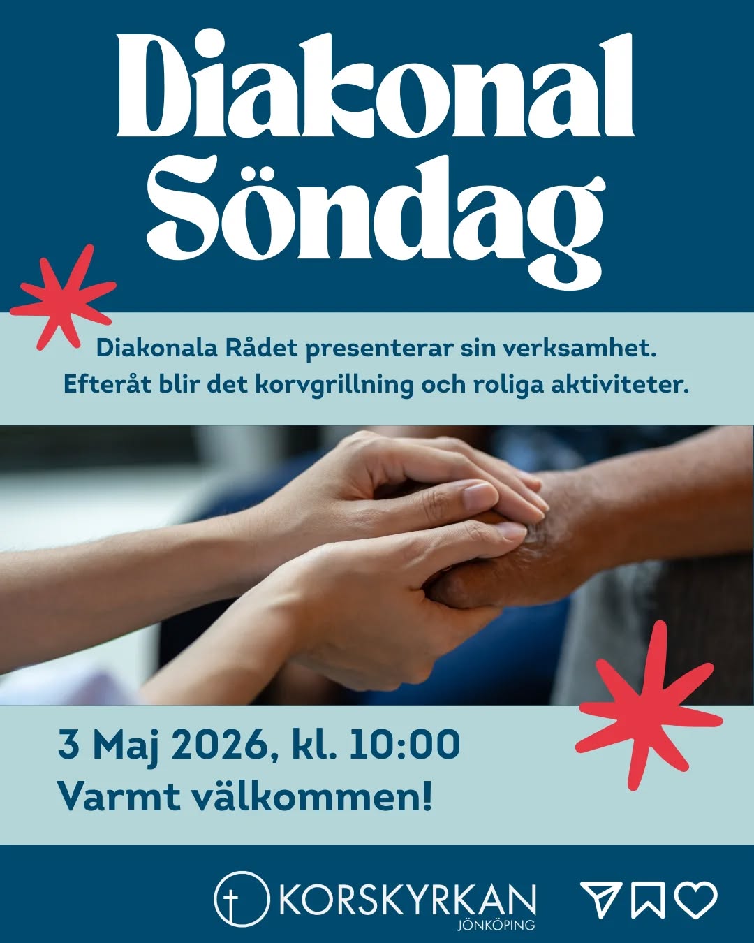 Under gudstjänsten den 3 maj kl. 10:00 kommer det Diakonala Rådet presentera sin verksamhet.
Efter gudstjänsten blir det fokus på gemenskap med korvgrillning och aktiviteter! 🌭🥏
Varmt välkomna! ✨