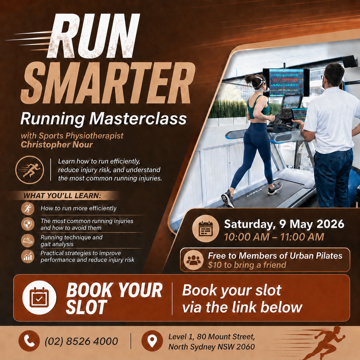 🏃♂️ Improve running efficiency, build load tolerance, and injury resilience.
Join us for a practical Running Masterclass with Christopher Nour, Founding Physiotherapist of Urban Physiotherapy and Urban Pilates.
Chris has worked with elite athletes, Formula 1 drivers, touring performers, and high-profile clients — bringing a highly experienced clinical eye to running technique, biomechanics, and injury risk.
Each attendee will have the opportunity to run on the treadmill, be video analysed by our physio team, and receive live feedback with practical cues to apply straight away.
📅 Saturday, 9 May 2026
⏰ 10:00 AM – 11:00 AM
📍 Urban Pilates, North Sydney
Free for Urban Pilates members
$10 to bring a friend
Limited spots available. Book Link in Bio (via Linktree)