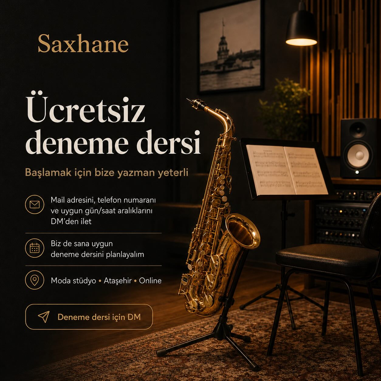 Saksafona başlamak istiyorsan önce ücretsiz bir tanışma yapabiliriz 🎷
Yüz yüze deneme dersinde enstrümanı yakından tanıyıp ilk adımı birlikte deneyimliyoruz.
Online görüşmelerde ise ders sistemi, süreç ve sana uygun program hakkında detaylı bilgi veriyoruz.
Planlama için DM’den mail adresini, telefon numaranı ve uygun gün/saat aralıklarını iletmen yeterli.
Moda stüdyo • Ataşehir • Online
#saxhane #saksafondersi #saksafon #saxophone
