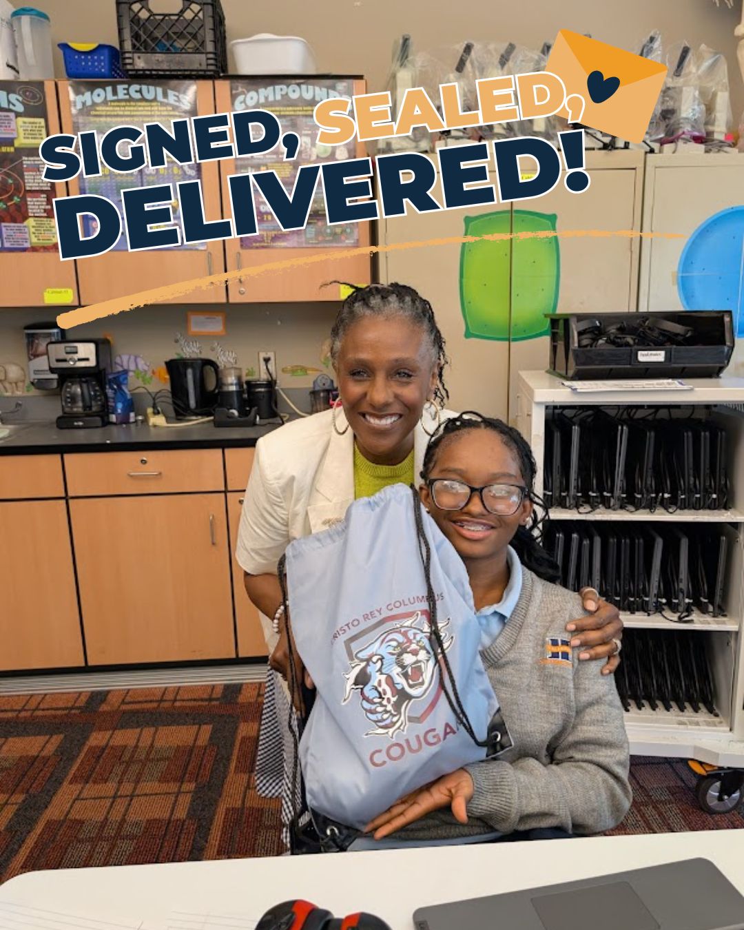 SIGNED, SEALED, DELIVERED!
"Surprise! You're in!"
This was certainly a welcome interruption for one of our soon-to-be 8th grade graduates by Ms. Robin Scott, Director of Admissions & Community Engagement at @cristoreycbus.
There's no doubt that this one will go on to fulfill the Harambee Declaration in "accomplishing great things that will make a difference forever."
Please pray for our 8th graders and staff. The big day is approaching, and we are going to miss these students so much 🥲🥲🥲
#harambee #graduation #acceptance #ohtheplacesyoullgo