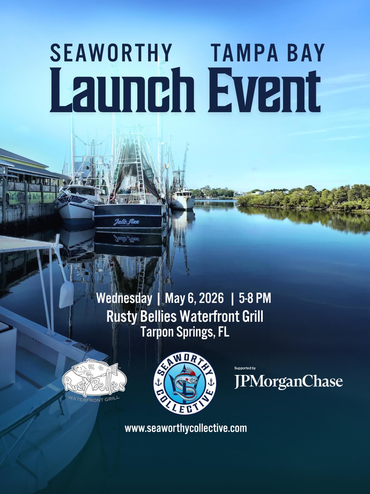 Seaworthy Collective is bringing our work to Tampa Bay, and we’re using the evening to officially launch that effort, supported by JPMorganChase.
Together, we’re rolling up our sleeves to build a more resilient coastal economy across Pinellas, Pasco, and Hillsborough counties, supporting the entrepreneurs, industries, and communities making it happen. Think: seafood and fisheries, coastal infrastructure, local manufacturing, or anyone who simply loves the Bay and wants to see it thrive.
Expect locally caught seafood, waterfront views, and real conversation with business leaders, community partners, and regional officials who are shaping what’s next for Tampa Bay’s coast.
Hosted by Seaworthy Collective, supported by JPMorganChase.
May 6, 2026 · 5–8 PM Rusty Bellies Waterfront Grill 937 Dodecanese Blvd, Tarpon Springs, FL
Dinner and drinks will be served throughout the evening.
Parking: Rusty Bellies has standard and handicap-accessible parking right in front of the restaurant. In addition, they have a large overflow lot just steps away. Look for the signs south of the restaurant, near the roundabout. Parking is always free for Rusty Bellies and Pelican Point Seafood guests.
RSVP link in bio!
#seaworthycollective #tampabay #blueeconomy #launchevent #bluetech