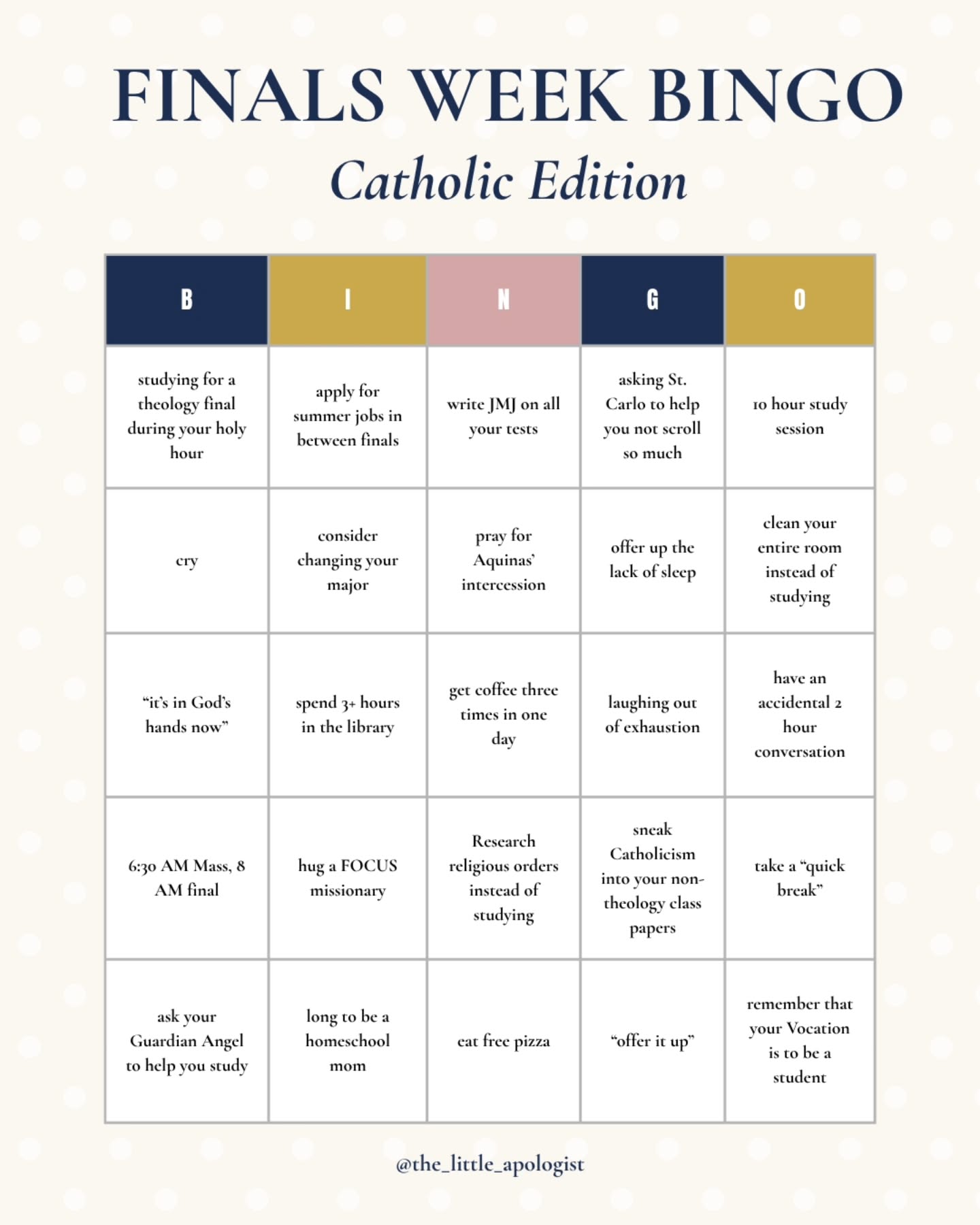 How many do you have?? π
The struggle is real, but we've got this, friends!! π€
Saint Thomas Aquinas, Saint Joseph of Cupertino, and Saint Catherine of Alexandria, pray for us!
#finals #college #catholic #thelitleapologist #finalsweek