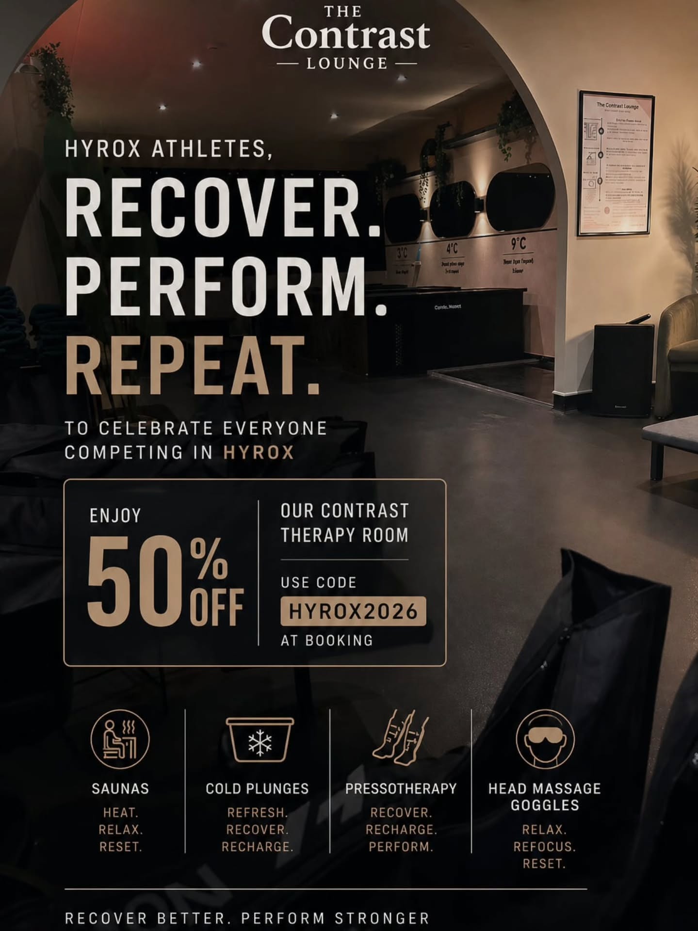 HYROX athletes… this one’s for you 🧊🔥
Whether you’ve just smashed a race or you’re deep in prep mode — recovery isn’t optional, it’s part of the performance.
To celebrate everyone competing in HYROX, we’re running a special 50% OFF our Contrast Therapy Lounge 👇
Saunas ♨️
Cold Plunges 🧊
Pressotherapy 💨
Head Massage Goggles 😌
Everything you need to reset, recover, and go again.
👉 Use code HYROX2026 at booking
👉 Limited time only
Come cool down, warm up, and feel the difference.
#HYROX #HYROXUK #RecoveryMode #ContrastTherapy #ColdPlunge SaunaLife CardiffFitness WellnessRecovery TrainRecoverRepeat