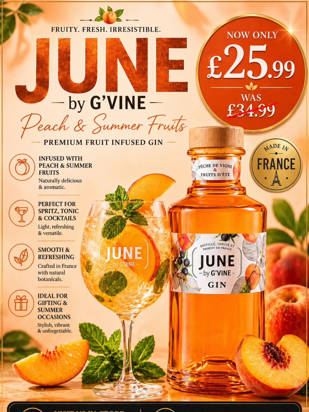 🍑✨ Vibrant Flavours. Endless Possibilities. ✨🍑
🍸 June by G’Vine Gin – Peach & Summer Fruits
A beautifully crafted French gin infused with juicy peach and sun-ripened summer fruits, offering a smooth, aromatic, and refreshingly elegant profile. Light, fruity, and effortlessly stylish—perfect for warm days, spritz serves, and standout cocktails.
💷 Now Only: £25.99
❌ Was: £34.99
📍 Visit us in-store:
289 Liverpool Road, London N1 1NF
🌐 Shop online:
www.islingtonwine.co.uk
🍑 Fresh peach & summer fruit infusion
🍸 Perfect for spritz, tonic & cocktails
🌿 Smooth, refreshing & easy-drinking
🎁 Ideal for gifting & summer occasions
#JuneGin #GVineGin #FlavouredGin